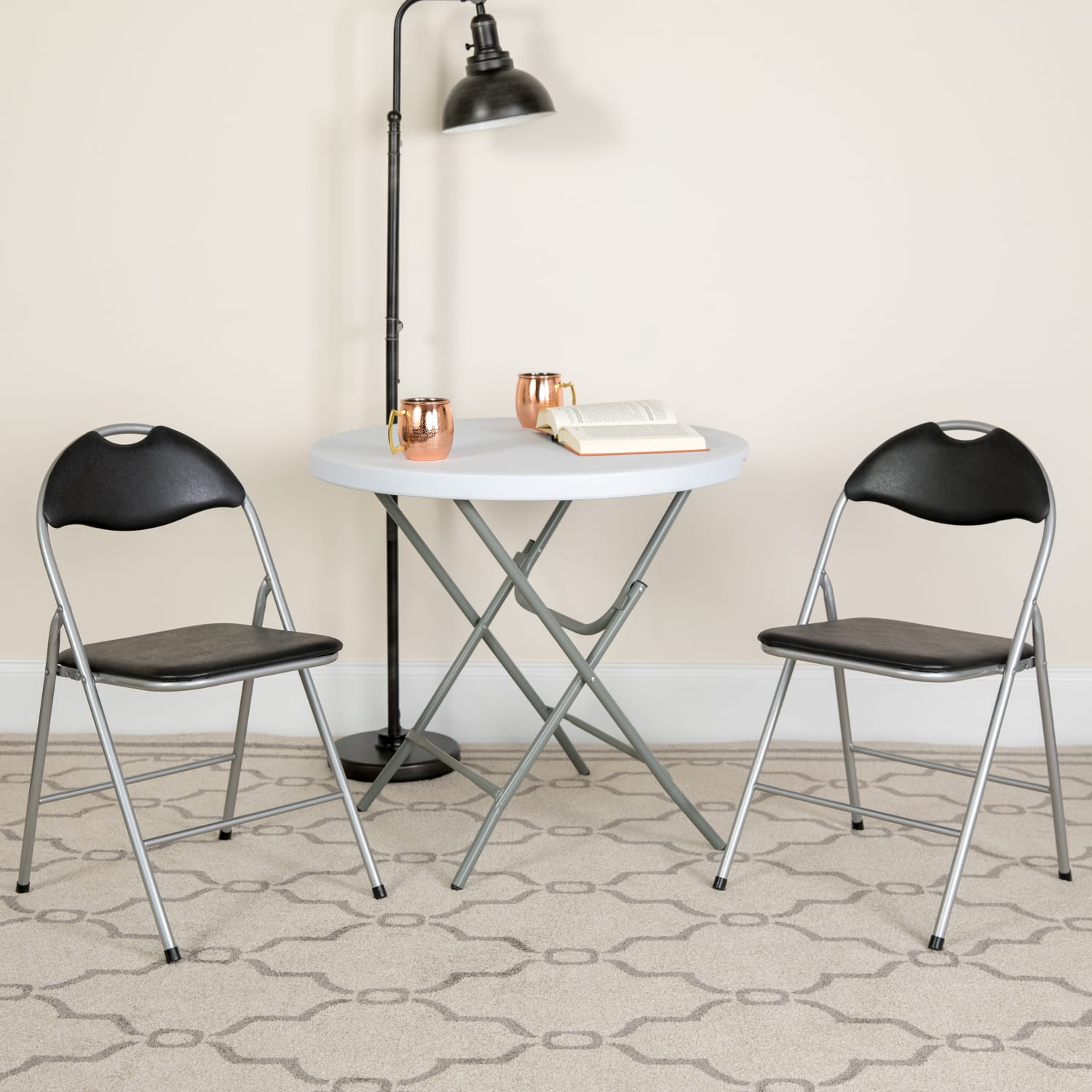 Flash Furniture HERCULES Series Vinyl Metal Folding Chairs With Carrying Handles, Black/Silver, Pack Of 2 Chairs