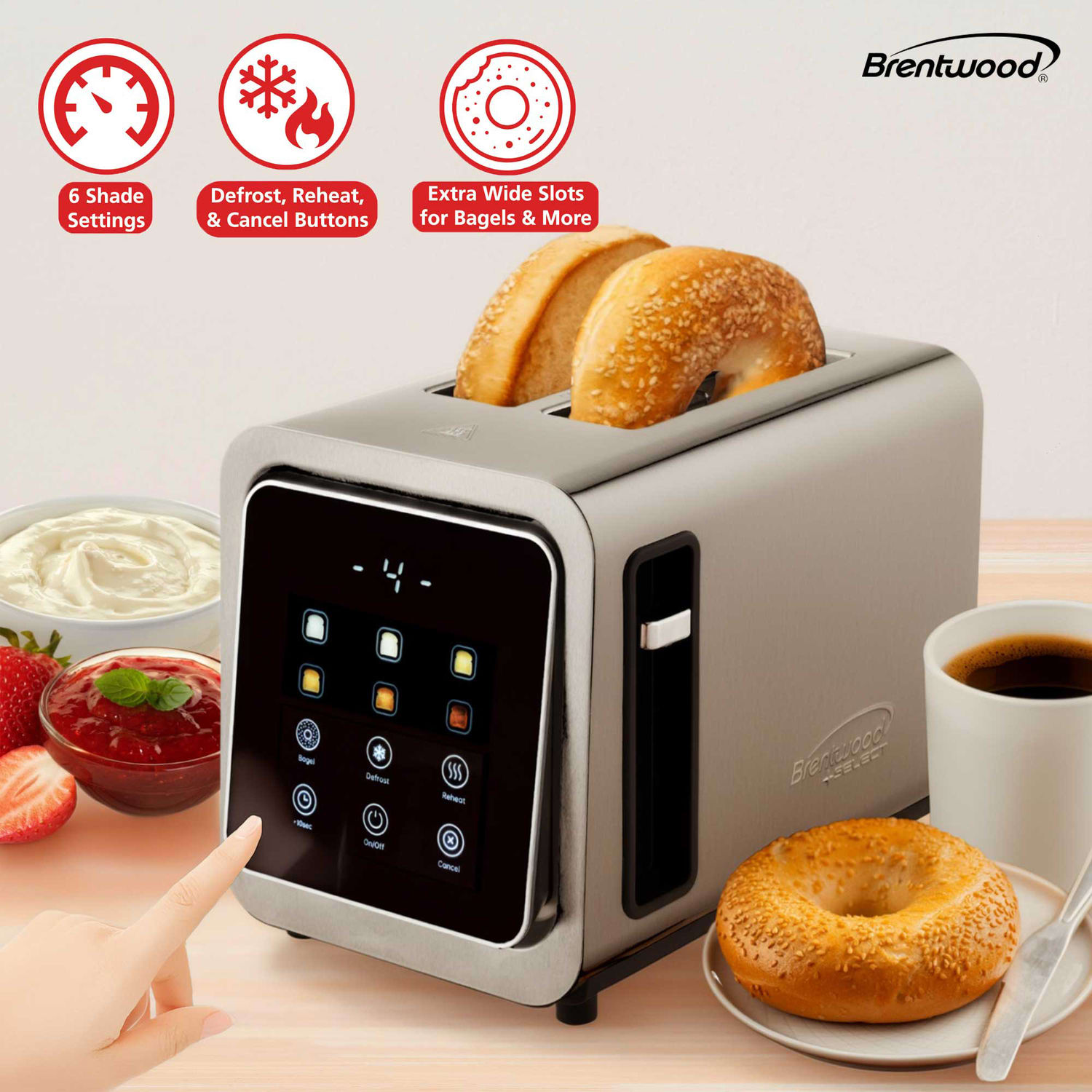 Brentwood 1,100-Watt 2-Slice Touch-Screen Digital Toaster with Extra-Wide Slots, Stainless Steel, TS-228DS - Image 3