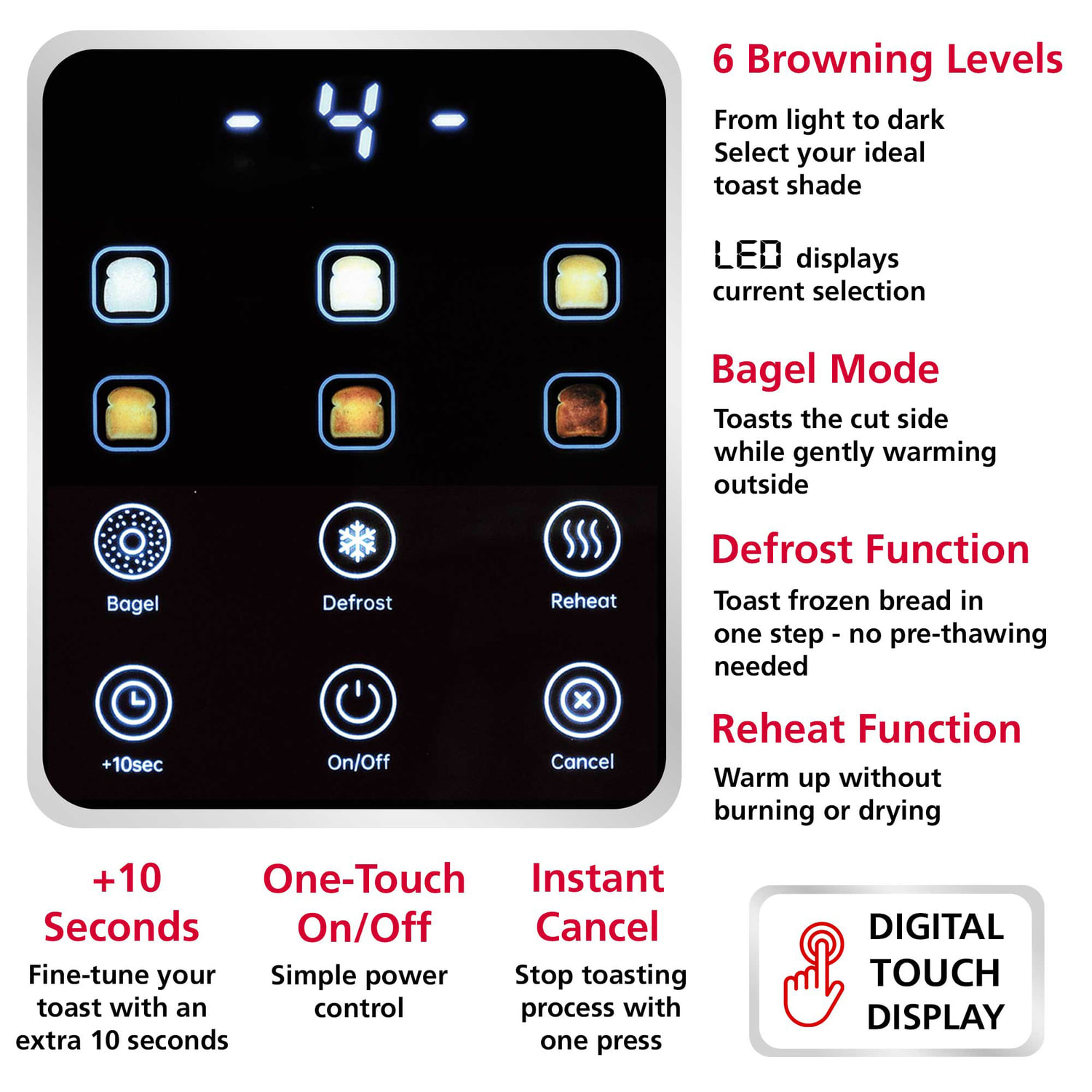 Brentwood 1,100-Watt 2-Slice Touch-Screen Digital Toaster with Extra-Wide Slots, Stainless Steel, TS-228DS - Image 4