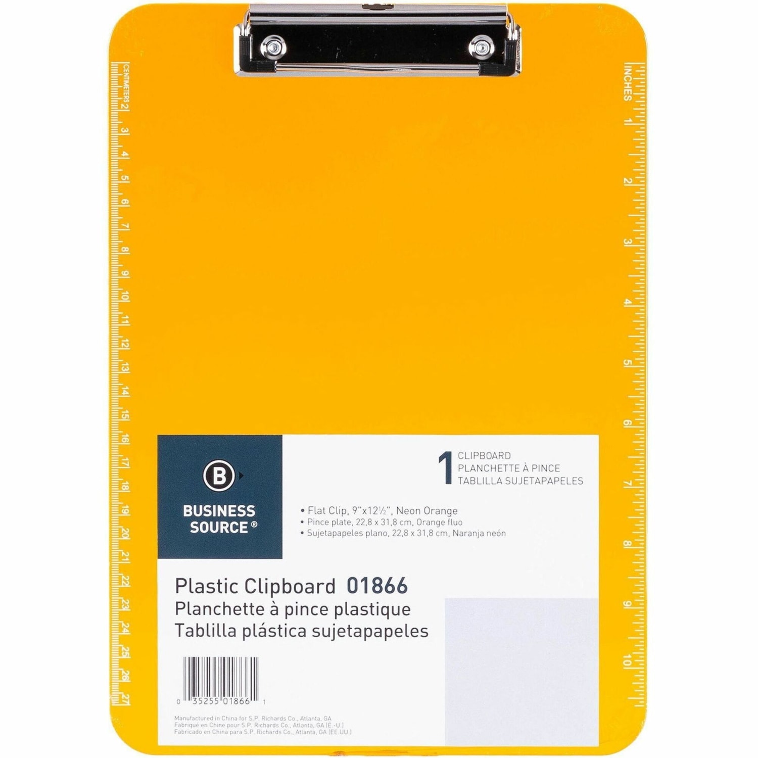 Sparco Plastic Clipboard With Flat Clip, 8 1/2in x 11in, Neon Orange