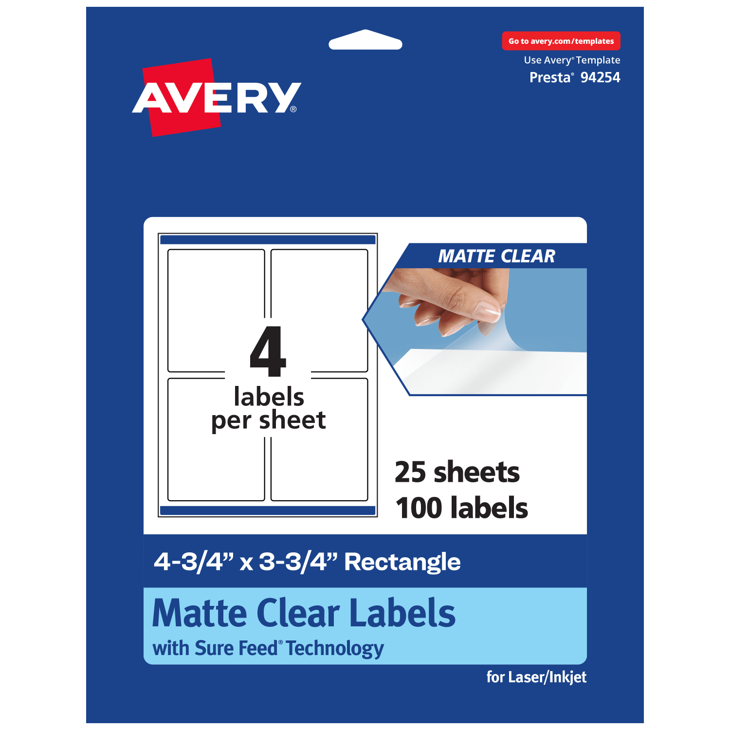 Avery Permanent Labels With Sure Feed, 94254-CMF25, Rectangle, 4-3/4in x 3-3/4in, Matte Clear, Pack Of 100