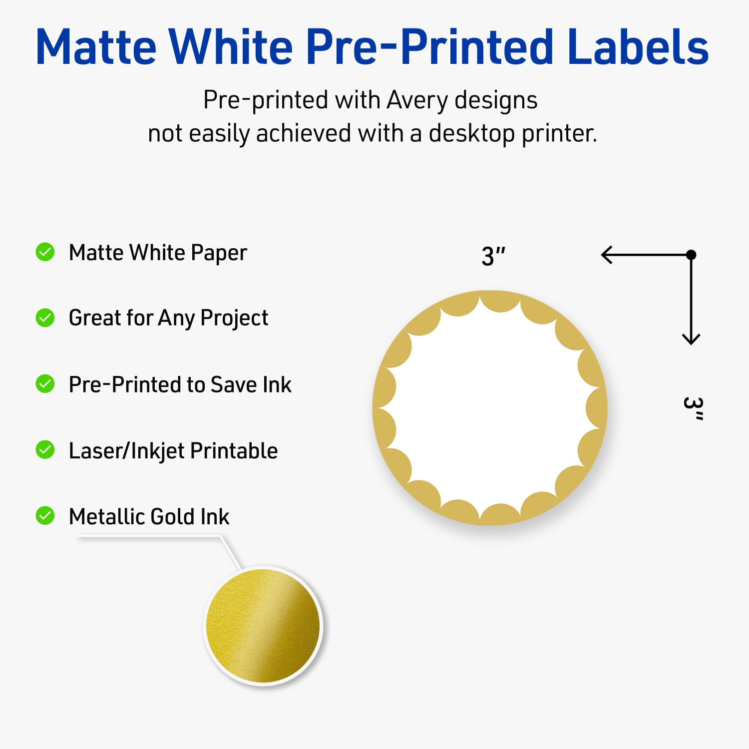 Avery Print-To-The-Edge Labels With Sure Feed Technology, S00-DK0-PRWMP10, Round, 3in, Matte White, Preprinted Gold Dots Edge Design, Pack Of 60 - Image 4