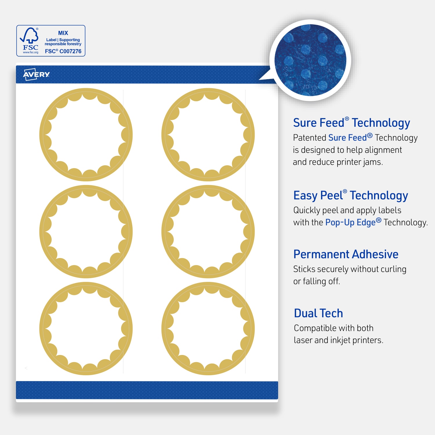Avery Print-To-The-Edge Labels With Sure Feed Technology, S00-DK0-PRWMP10, Round, 3in, Matte White, Preprinted Gold Dots Edge Design, Pack Of 60 - Image 5