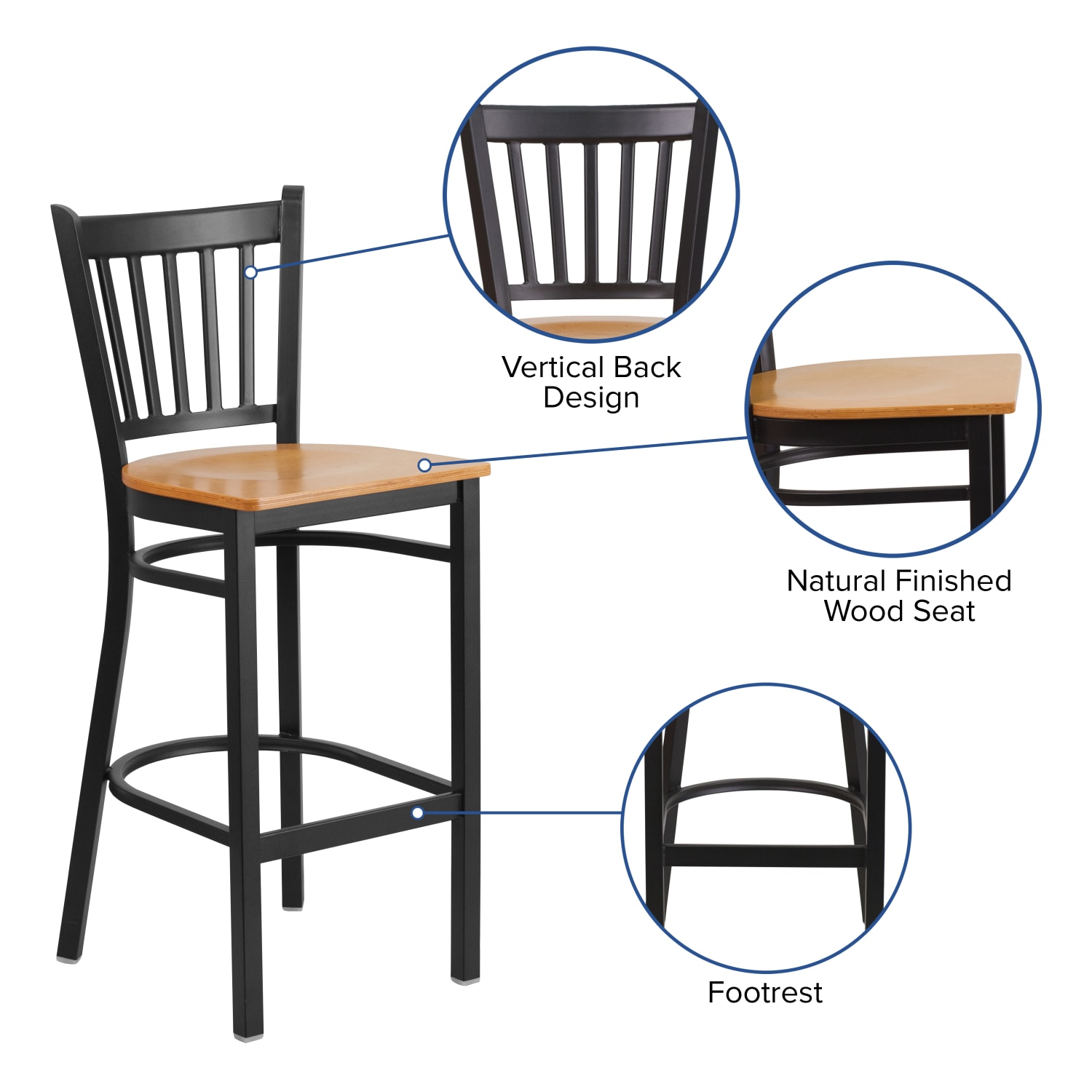 Flash Furniture Vertical Back Restaurant Bar Stool, Natural/Black - Image 5