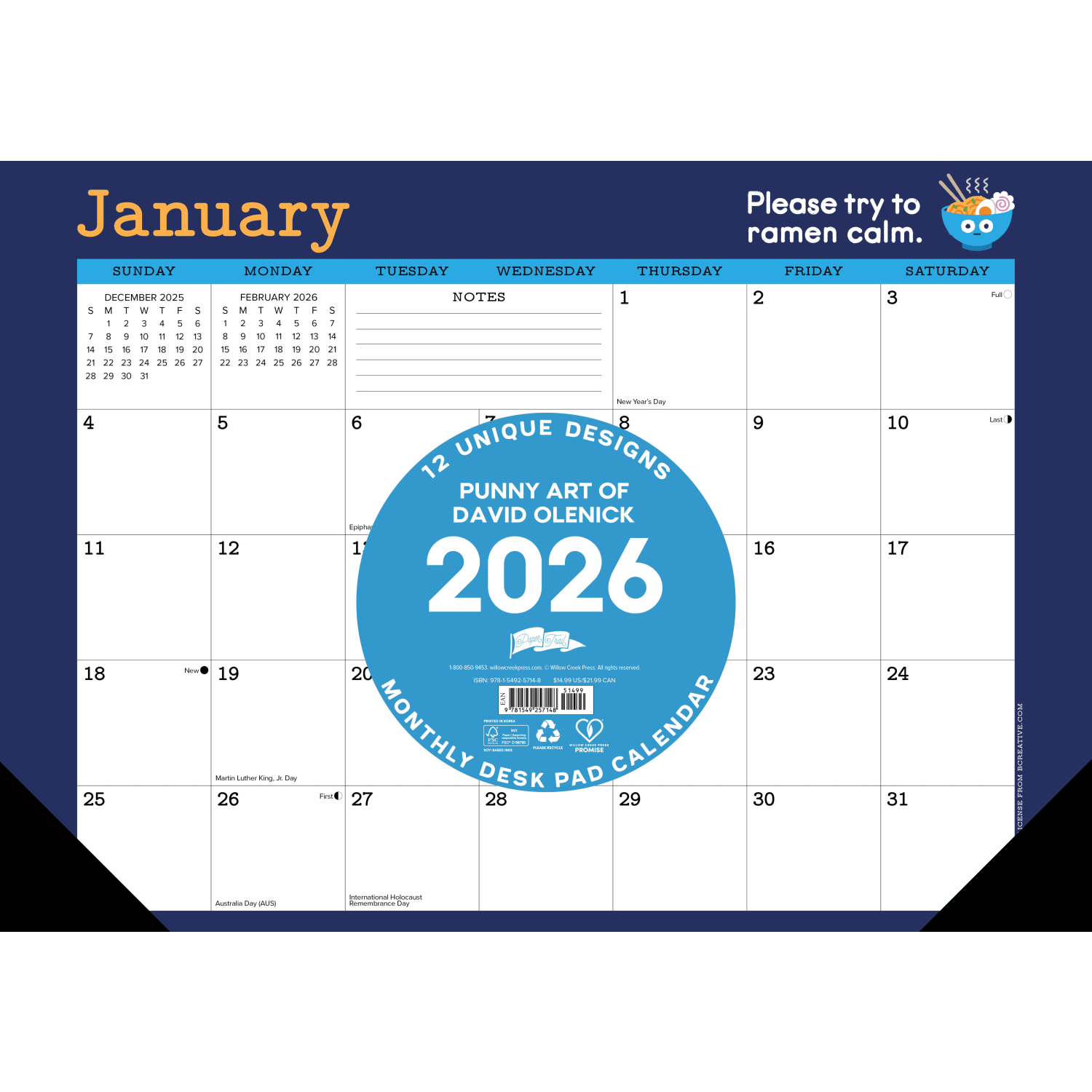 2026 Willow Creek Press Monthly Desk Pad Calendar, 12in x 17in, Punny Art of David Olenick, January To December, 57148 - Image 3