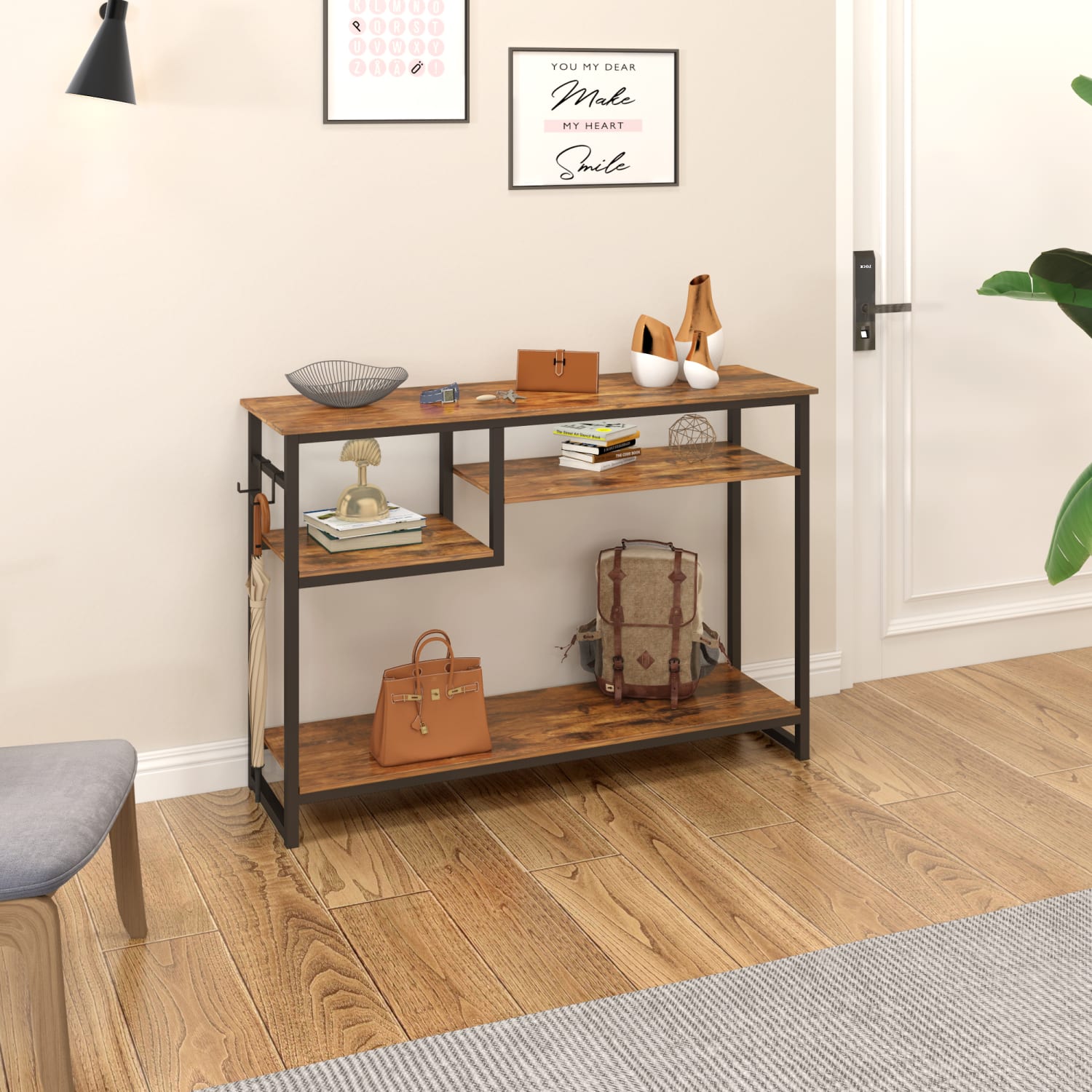 Bestier Console Table With 4-Tier Storage Shelves & 2 Hooks, 29-15/16inH x 39-3/8inW x 11-13/16inD, Rustic Brown - Image 3