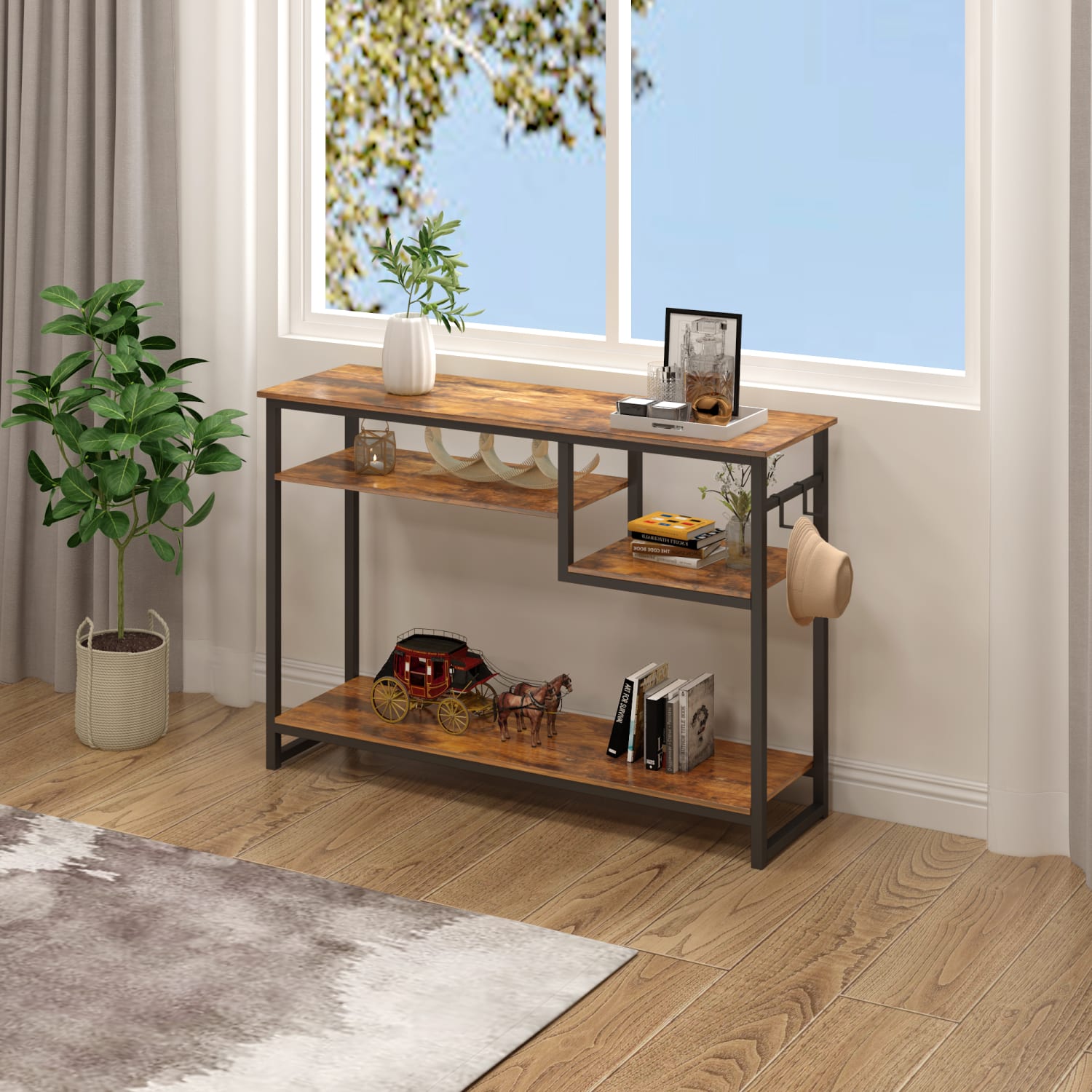 Bestier Console Table With 4-Tier Storage Shelves & 2 Hooks, 29-15/16inH x 39-3/8inW x 11-13/16inD, Rustic Brown - Image 5
