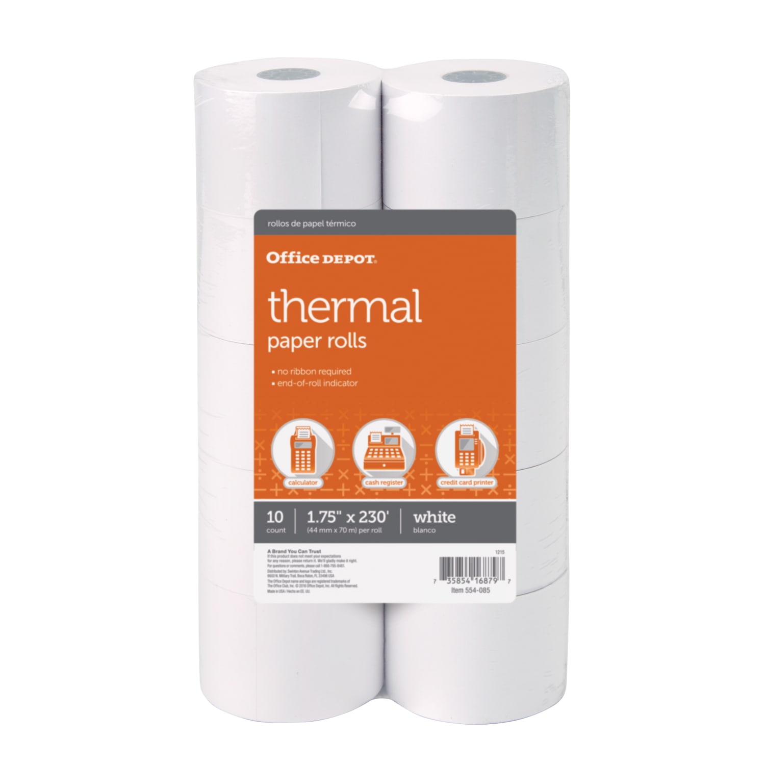 Office Depot Brand Thermal Paper Rolls, 1-3/4in x 230ft, White, Pack Of 10