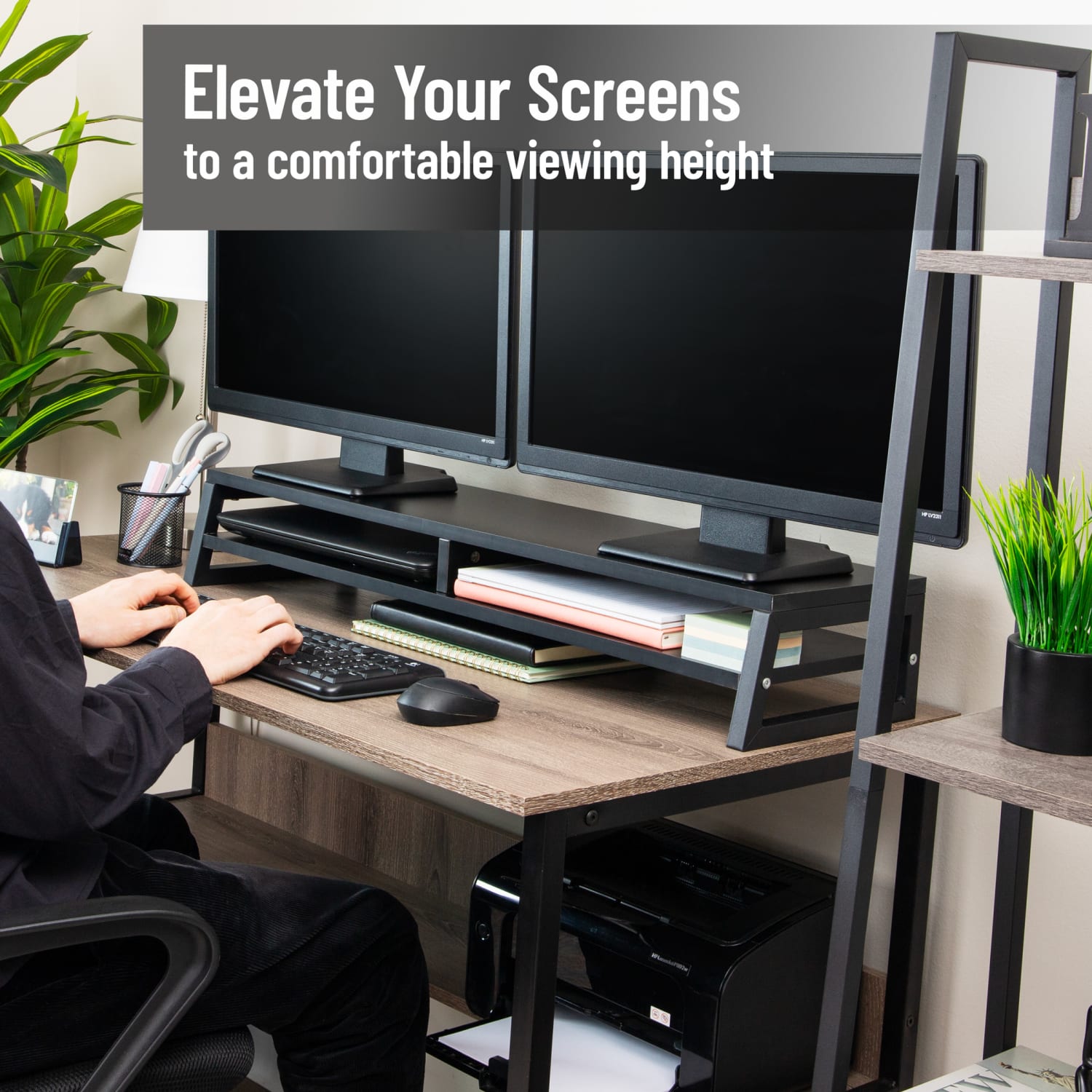 Mind Reader 2-Tier MDF Double Monitor Stand Screen Riser With Storage Shelf, 5-1/2inH x 10inW x 33-3/4inD, Black, Total Qty 1 - Image 3