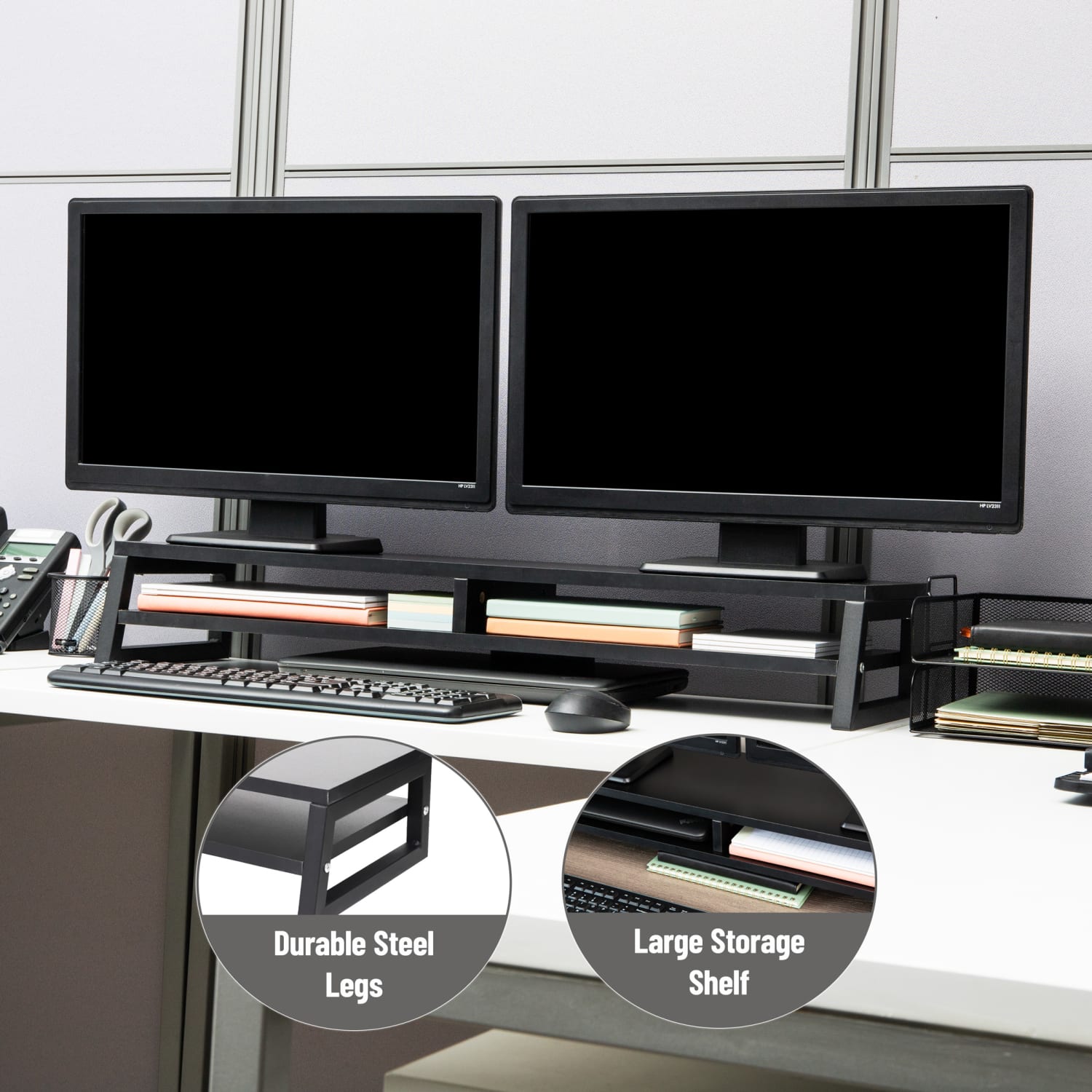 Mind Reader 2-Tier MDF Double Monitor Stand Screen Riser With Storage Shelf, 5-1/2inH x 10inW x 33-3/4inD, Black, Total Qty 1 - Image 6
