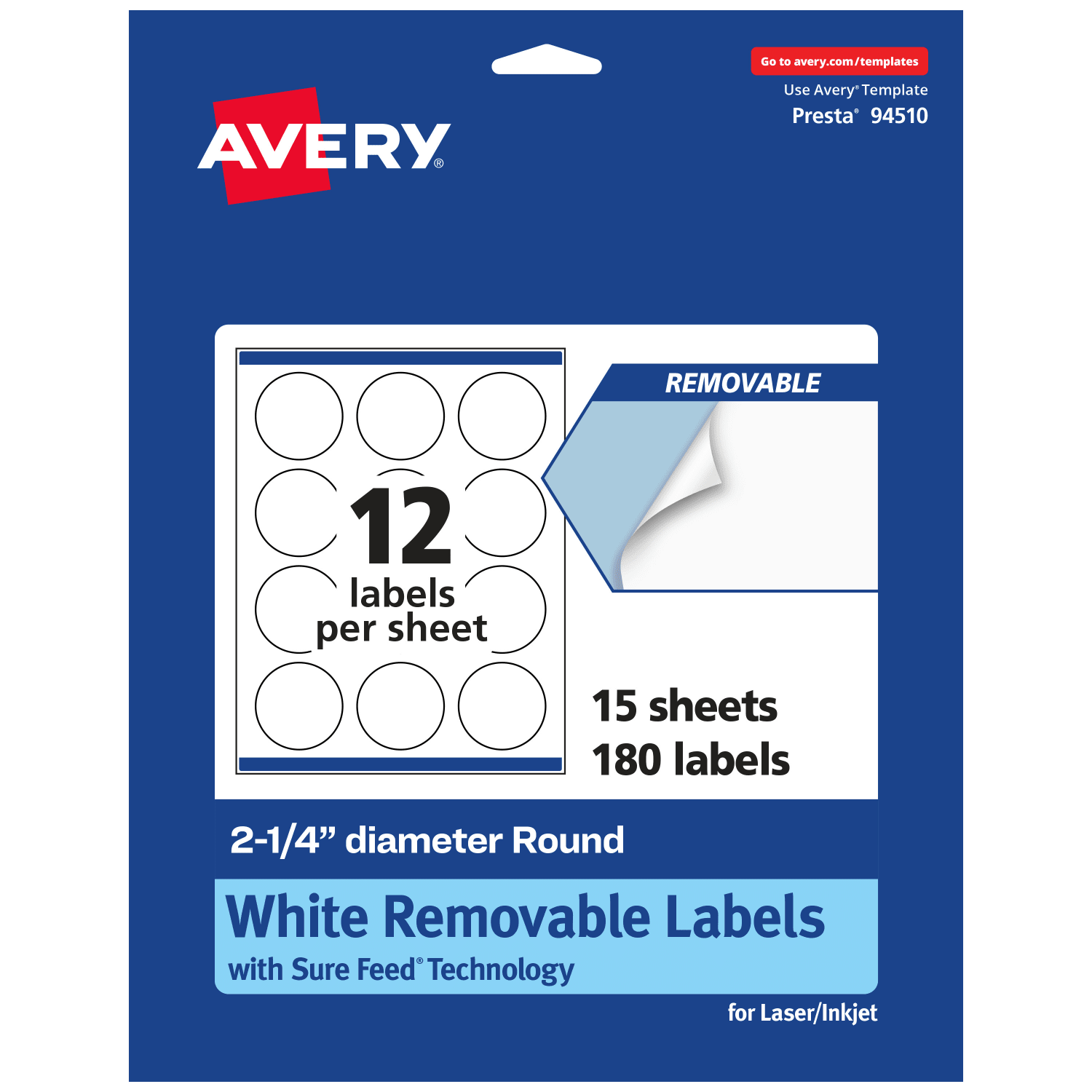 Avery Removable Labels With Sure Feed, 94510-RMP15, Round, 2-1/4in Diameter, White, Pack Of 180 Labels