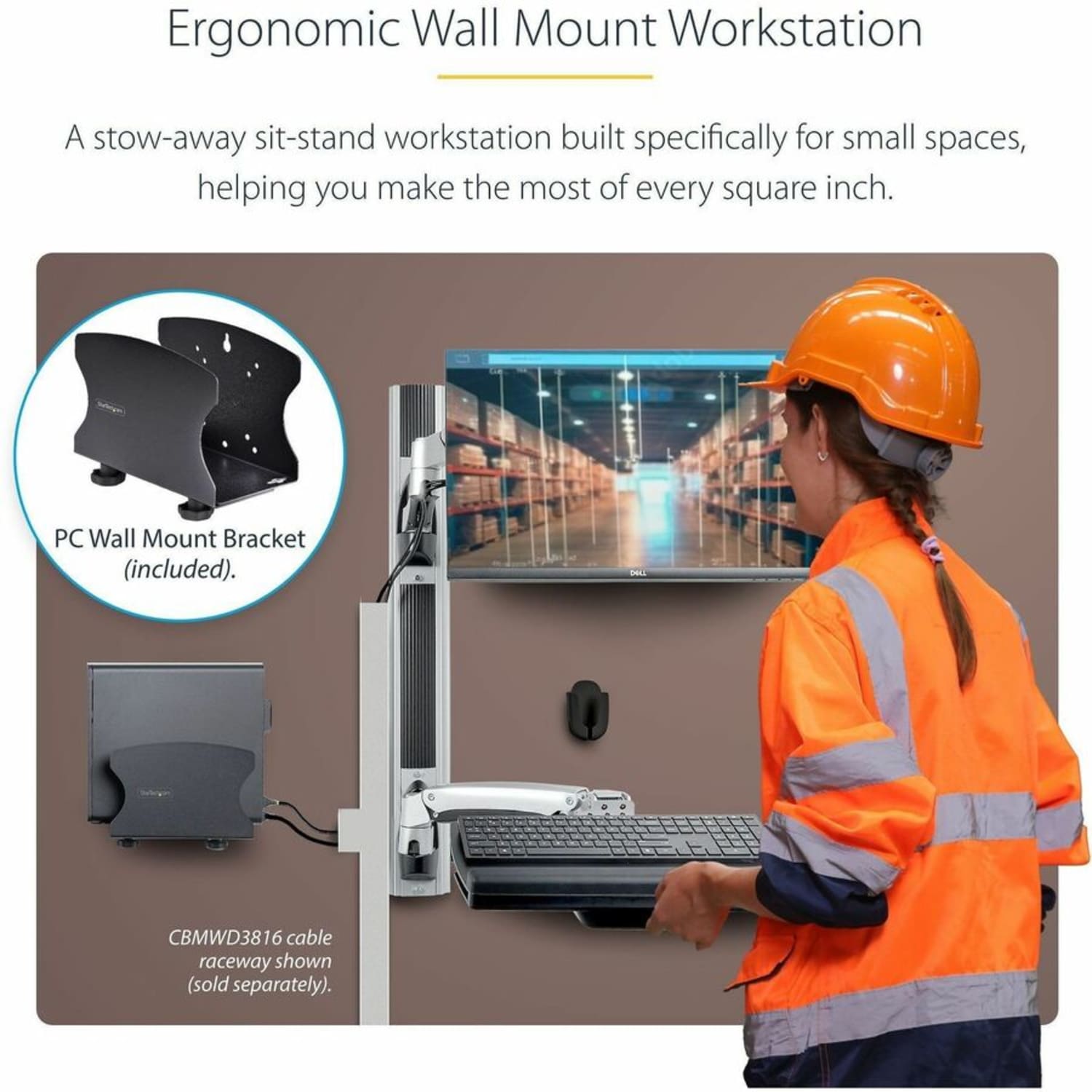 StarTech.com Wall Mount Workstation, VESA Mount 22lb/10kg, Fully Articulating Monitor Mount & Keyboard Tray, Standing Desk w/PC Bracket - Wall mount workstation w/ articulating arms - VESA mount tilts/swivels/rotates; Up to 32in/22lb monitor - Image 3