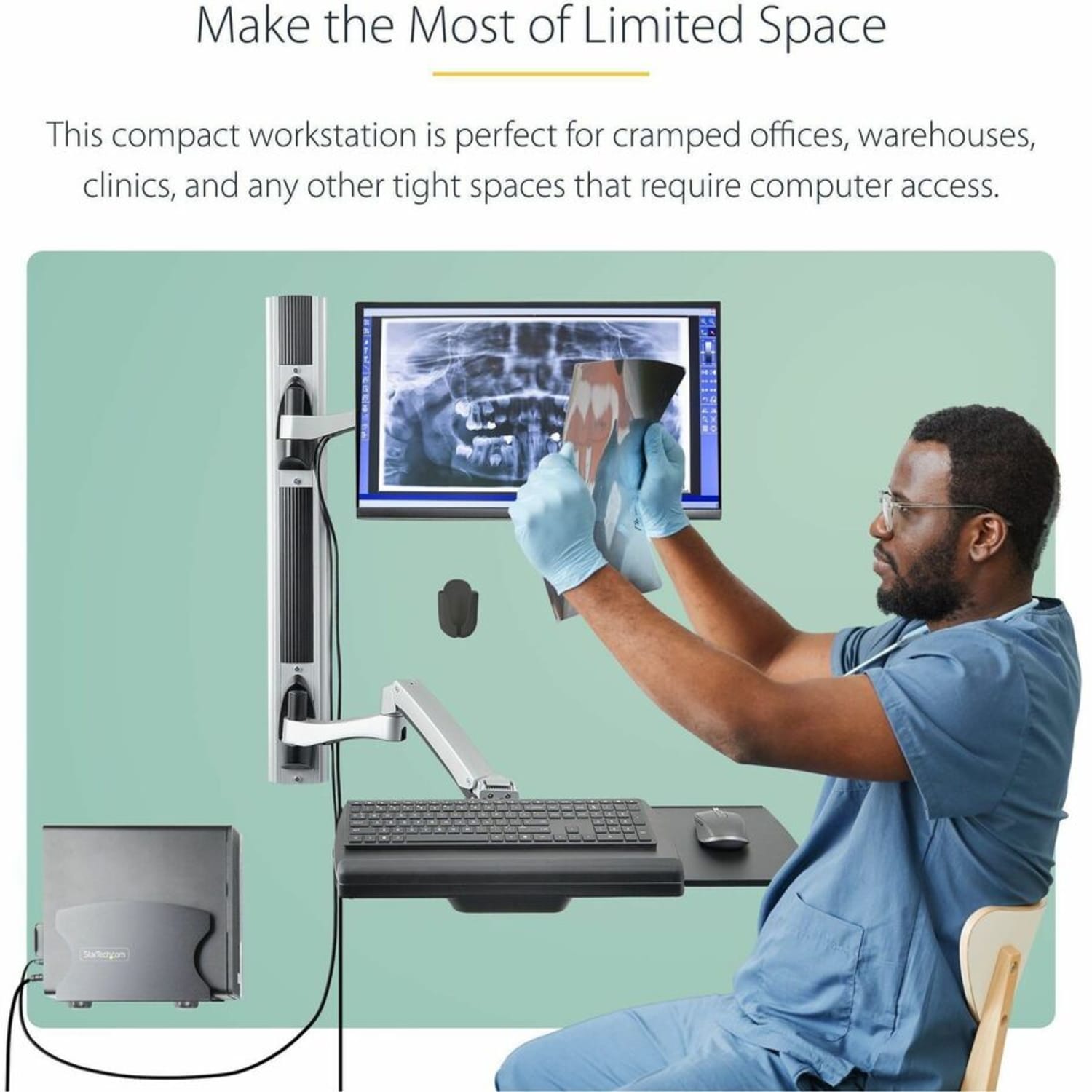 StarTech.com Wall Mount Workstation, VESA Mount 22lb/10kg, Fully Articulating Monitor Mount & Keyboard Tray, Standing Desk w/PC Bracket - Wall mount workstation w/ articulating arms - VESA mount tilts/swivels/rotates; Up to 32in/22lb monitor - Image 4