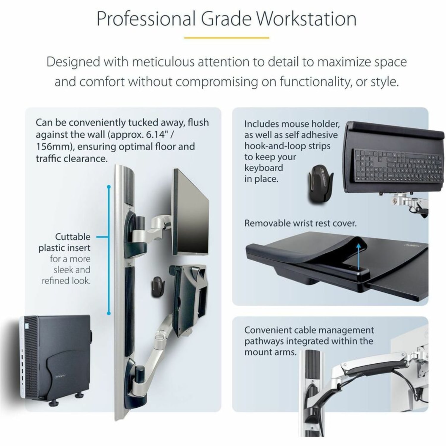 StarTech.com Wall Mount Workstation, VESA Mount 22lb/10kg, Fully Articulating Monitor Mount & Keyboard Tray, Standing Desk w/PC Bracket - Wall mount workstation w/ articulating arms - VESA mount tilts/swivels/rotates; Up to 32in/22lb monitor - Image 5