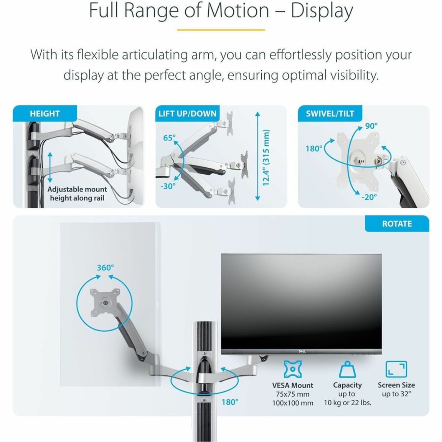 StarTech.com Wall Mount Workstation, VESA Mount 22lb/10kg, Fully Articulating Monitor Mount & Keyboard Tray, Standing Desk w/PC Bracket - Wall mount workstation w/ articulating arms - VESA mount tilts/swivels/rotates; Up to 32in/22lb monitor - Image 6