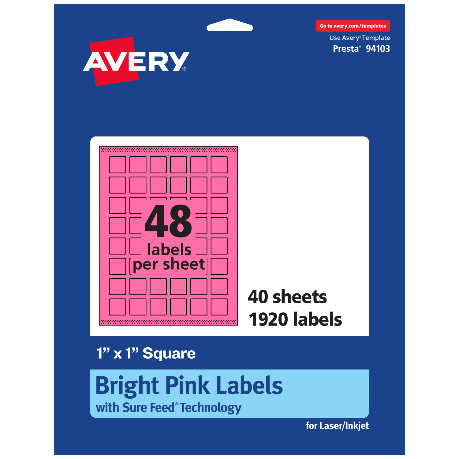 Avery Print-To-The-Edge Labels With Sure Feed Technology And Easy Peel Label Feature, 94103-BPP40, Square, 1in x 1in, Matte Bright Pink, Pack of 1920