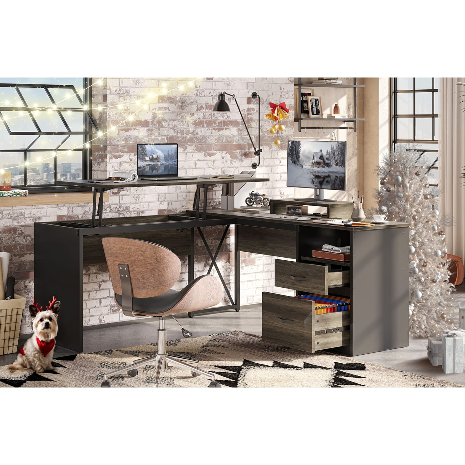 Bestier 56inW L-Shaped Standing Computer Desk With Drawers & Monitor Stand, Dark Retro Gray Oak