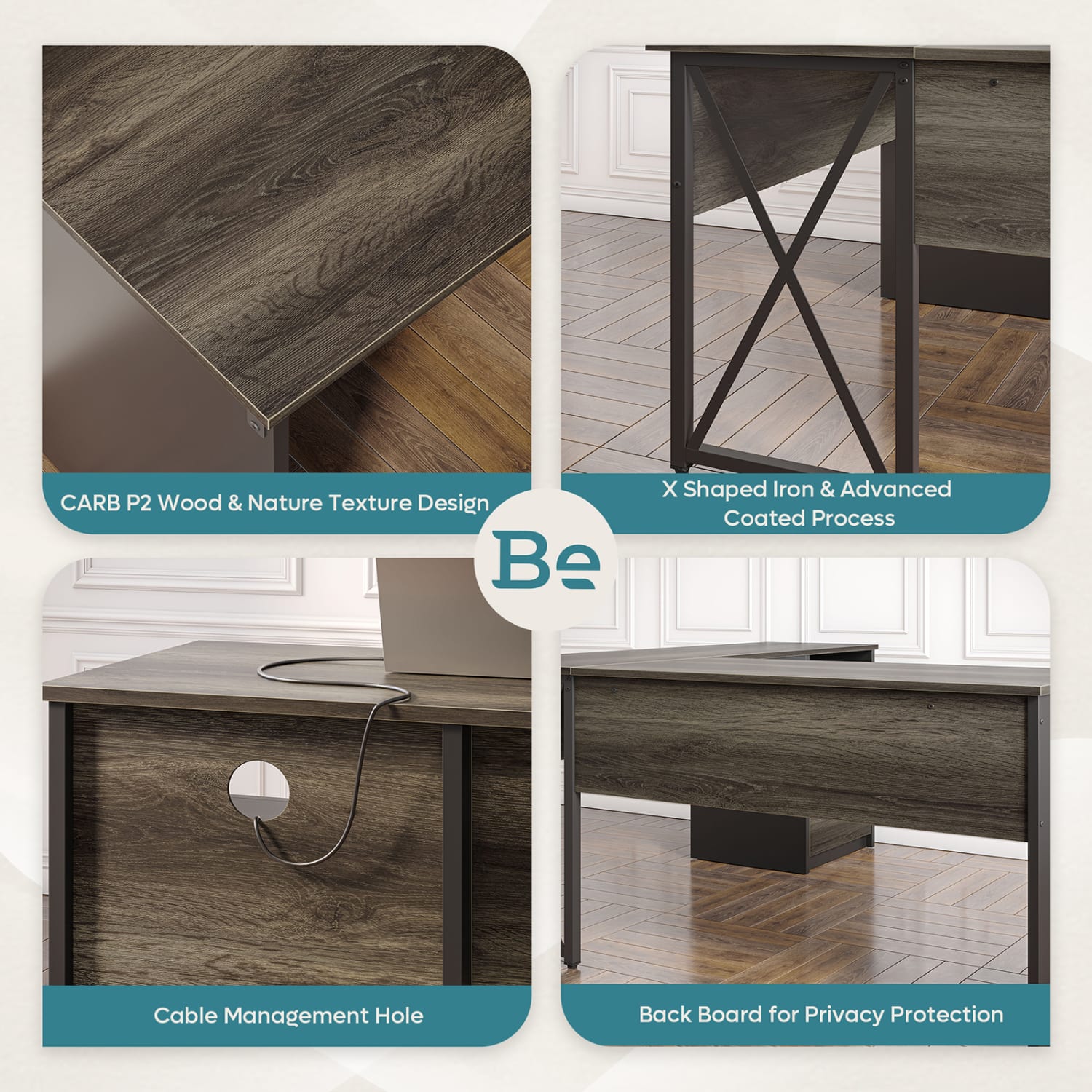 Bestier 56inW L-Shaped Standing Computer Desk With Drawers & Monitor Stand, Dark Retro Gray Oak - Image 4