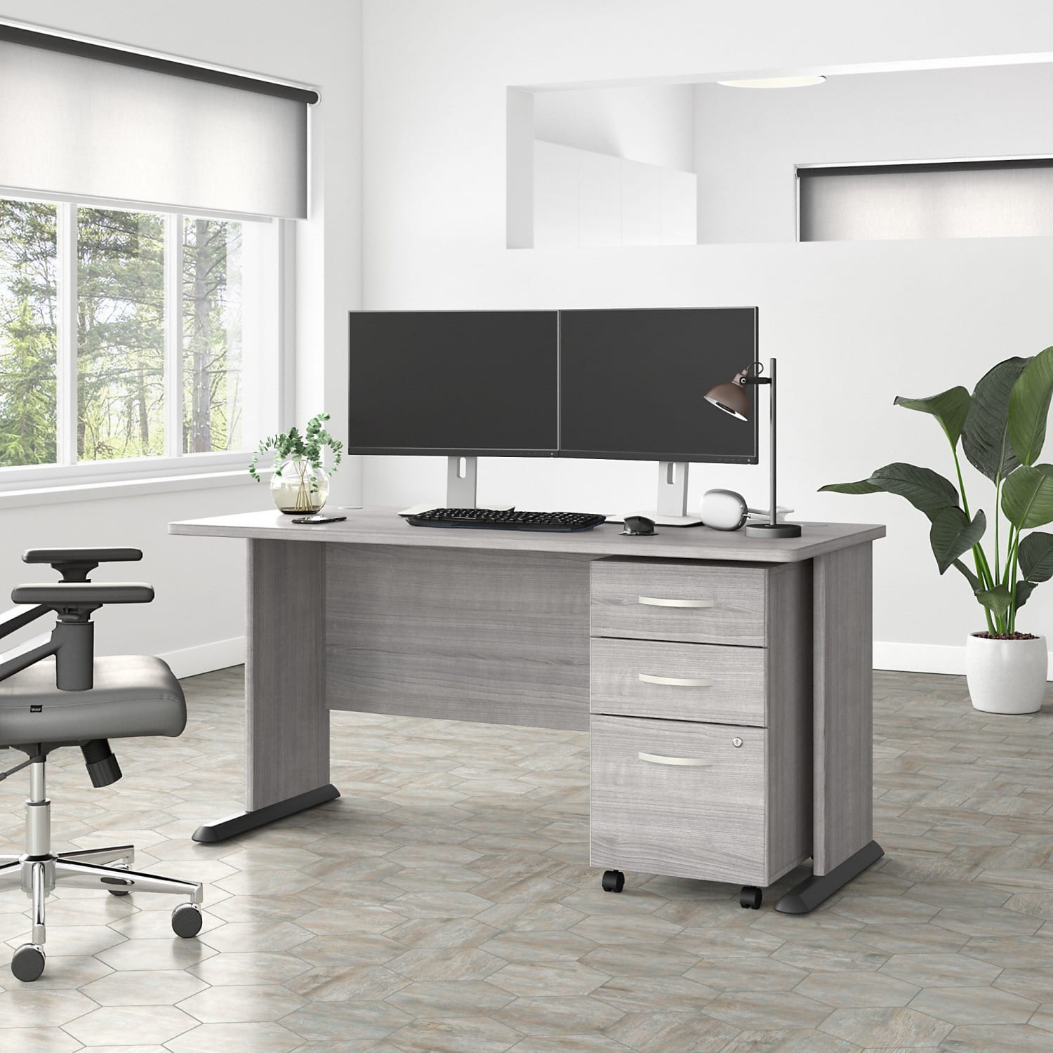 Bush Business Furniture Studio A 60inW Computer Desk With 3-Drawer Mobile File Cabinet, Platinum Gray, Standard Delivery - Image 3