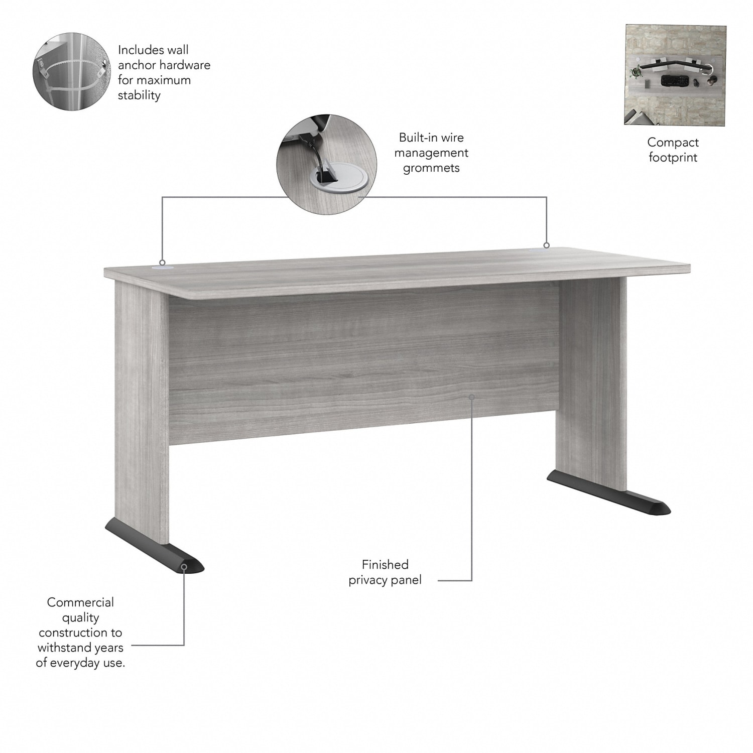 Bush Business Furniture Studio A 60inW Computer Desk With 3-Drawer Mobile File Cabinet, Platinum Gray, Standard Delivery - Image 4
