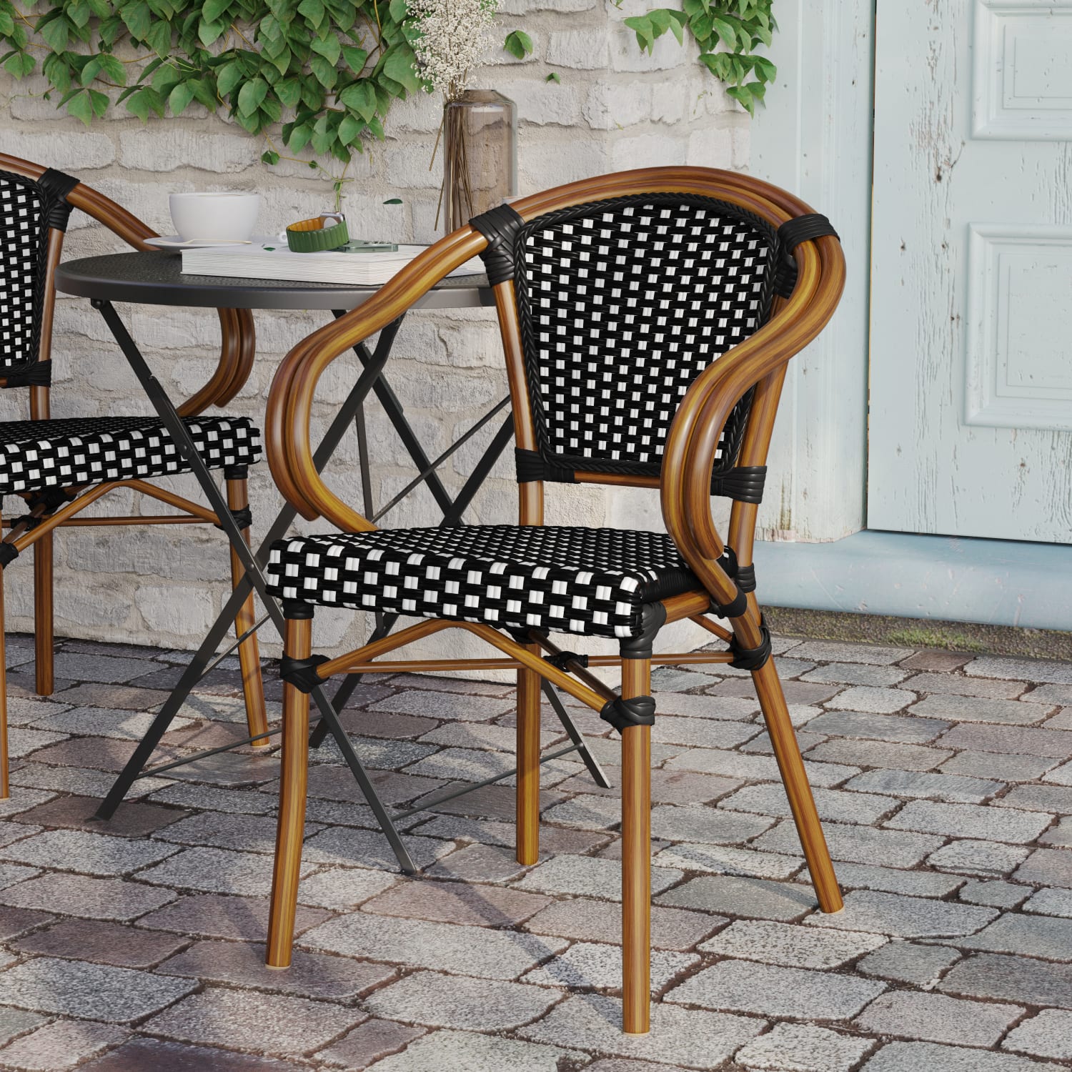Flash Furniture Bordeaux Indoor/Outdoor Commercial Bistro Stacking Chair with Arms, Black & White/Natural Frame -SDAS642142BKWN - Image 5