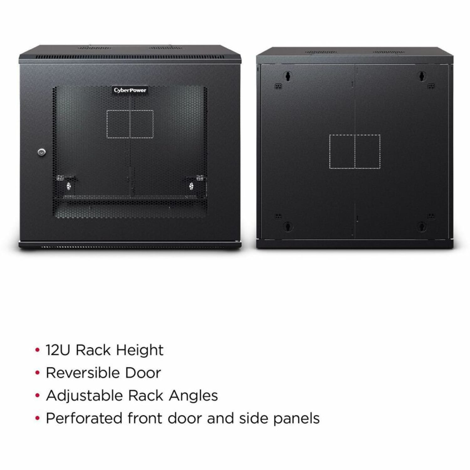 CyberPower CR12U61003 Wall Mount Enclosure - 12U 19in Wall Mount Enclosure, 600mm wide, 600mm deep, hex perforated metal door, side panels, locking doors/side panels, black, 132lbs (60kg) loading capacity, 5 year warranty - Image 3