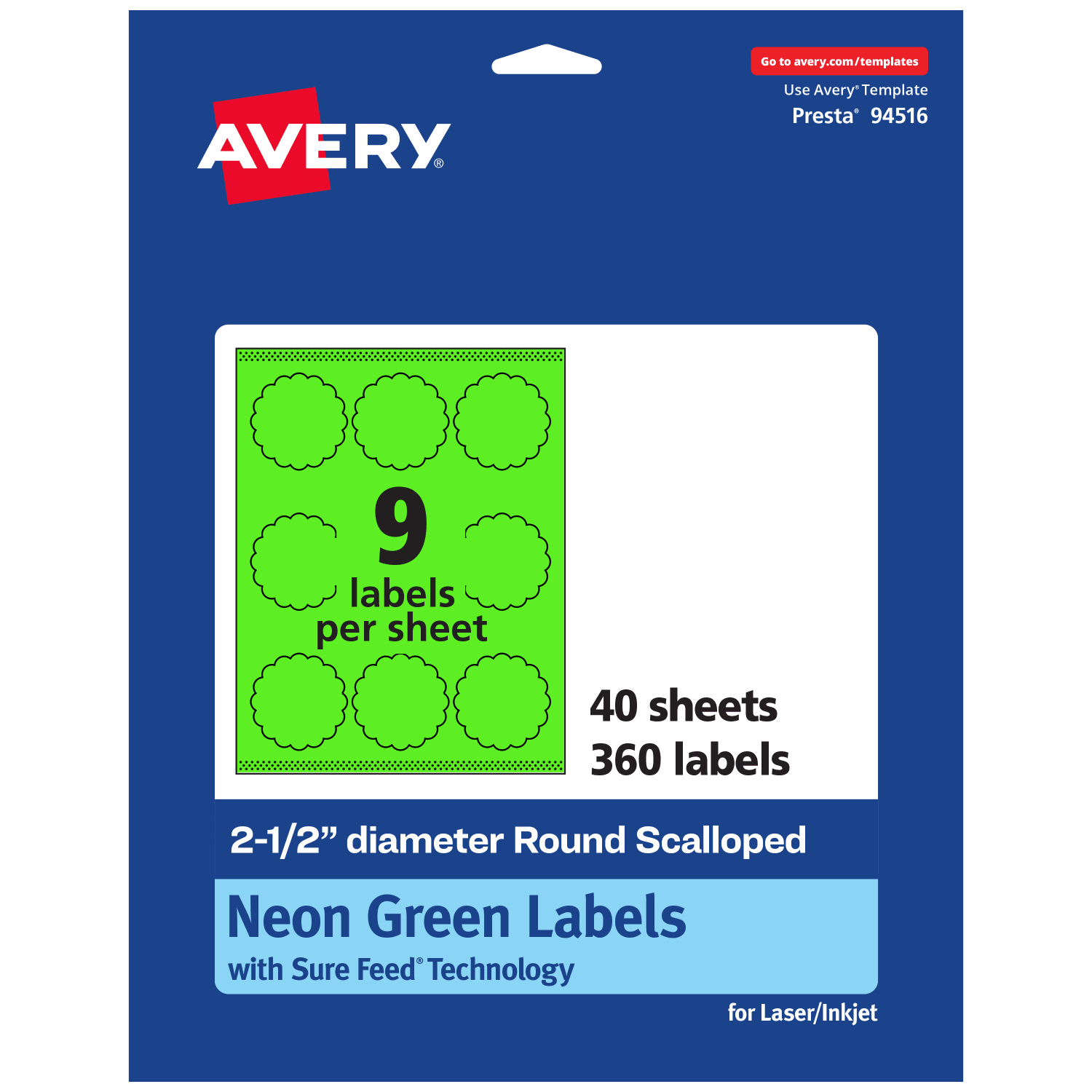Avery Print-To-The-Edge Labels With Sure Feed Technology, 94516-NGP40, Round Scalloped, 2-1/2in, Matte Neon Green, Pack of 360