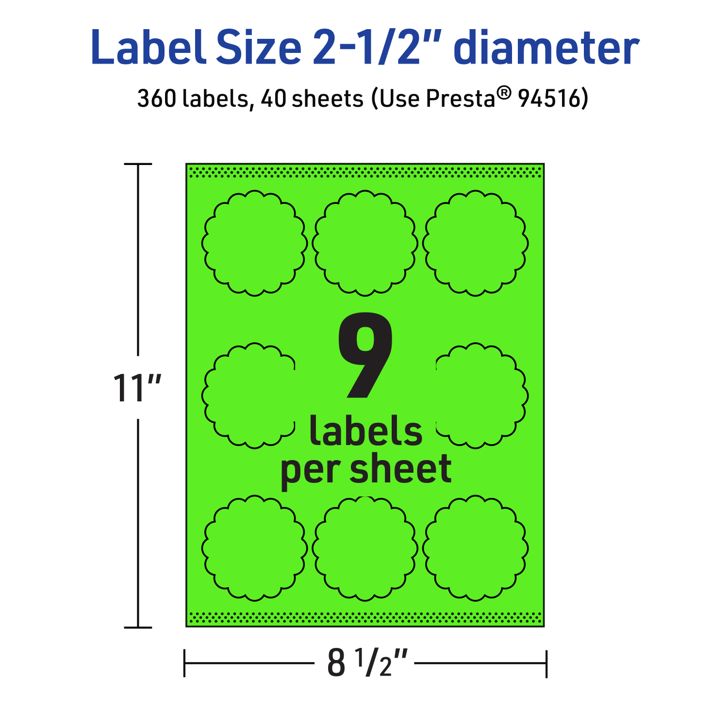 Avery Print-To-The-Edge Labels With Sure Feed Technology, 94516-NGP40, Round Scalloped, 2-1/2in, Matte Neon Green, Pack of 360 - Image 6