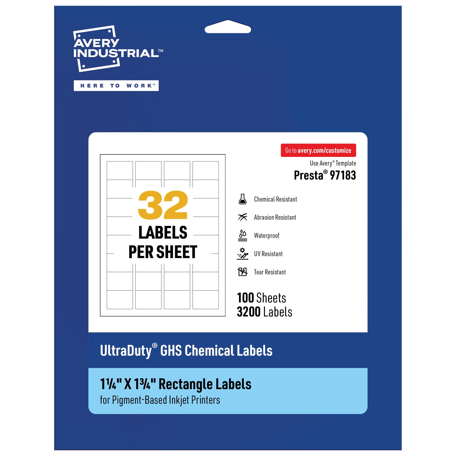Avery Ultra Duty Permanent GHS Chemical Labels, 97183-WMUI100, Rectangle, 1-1/4in x 1-3/4in, White, Pack Of 3,200
