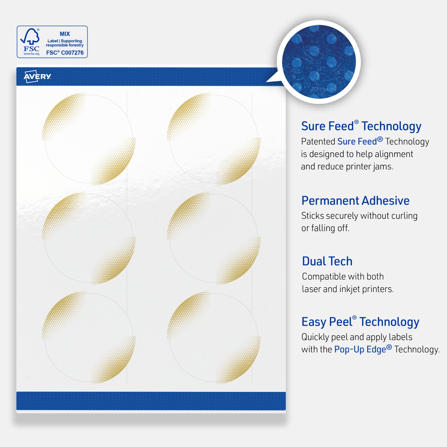 Avery Printable Labels With Sure Feed Technology, S00-EWF, Round, 3in, Glossy White With Preprinted Gold-Blush Pattern, Pack Of 60 - Image 5
