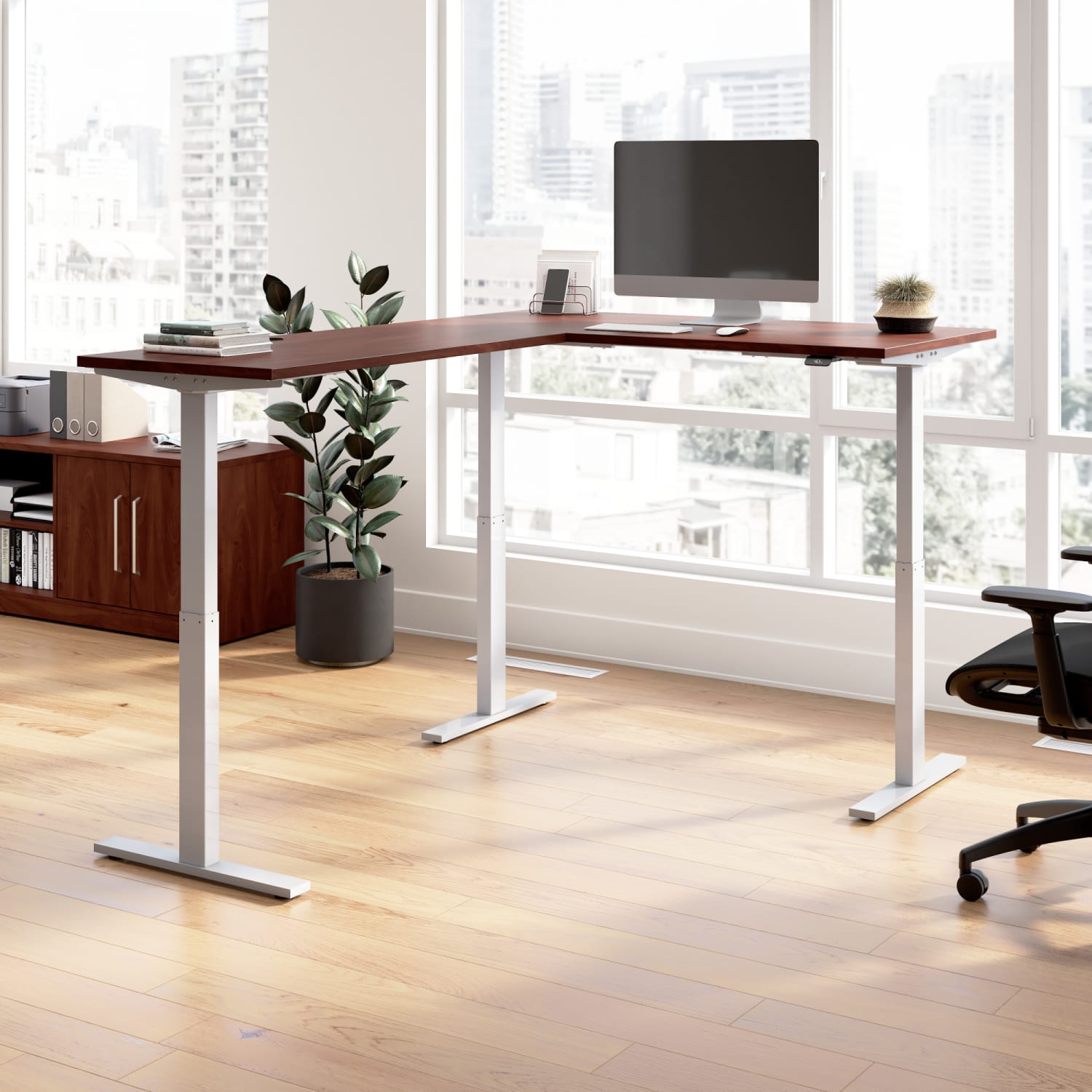 Bush Business Furniture Move 60 Series 60inW Height Adjustable L Shaped Standing Desk, Hansen Cherry/Cool Gray Metallic, Standard Delivery