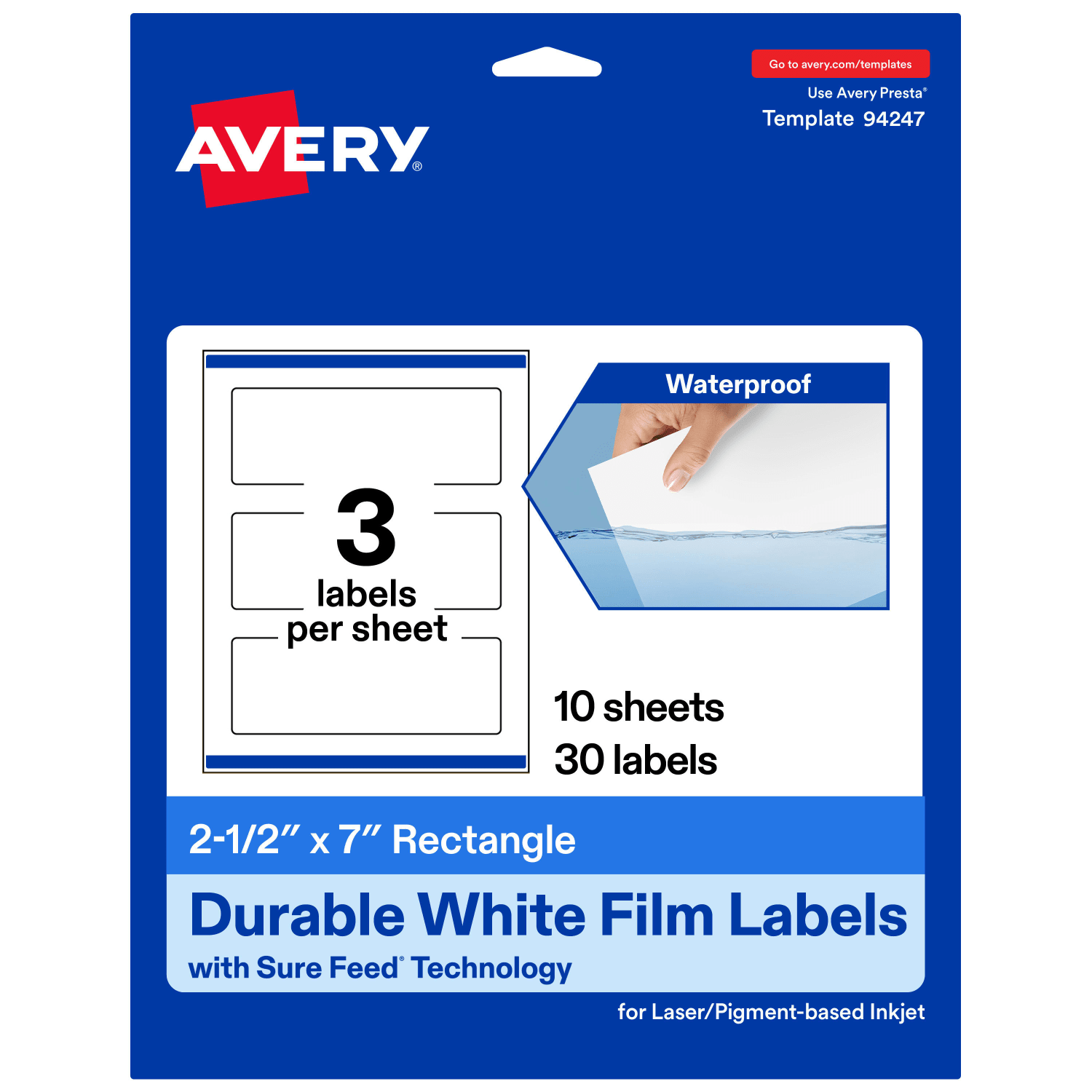 Avery Waterproof Permanent Labels With Sure Feed, 94247-WMF10, Rectangle, 2-1/2in x 7in, White, Pack Of 30