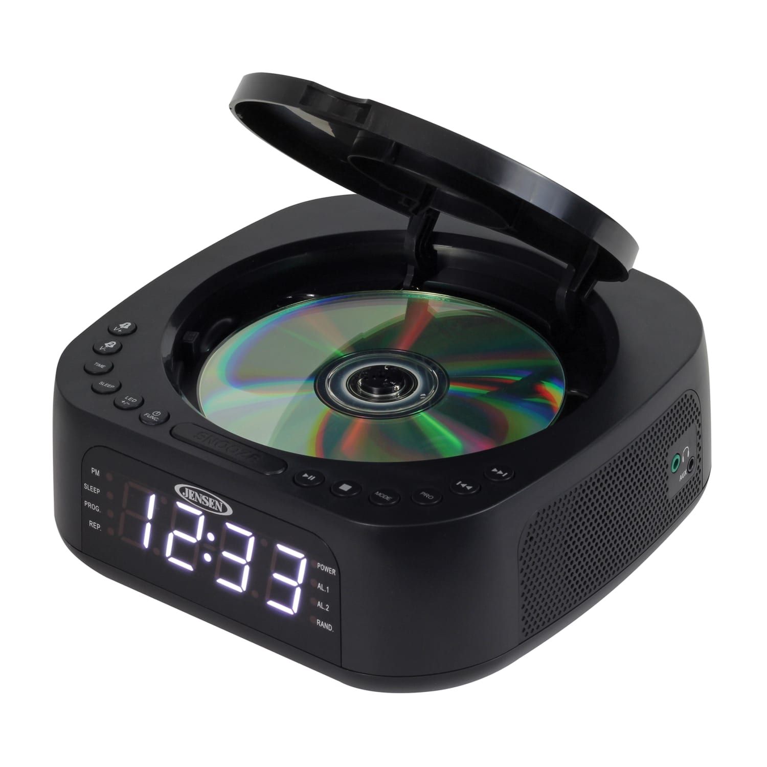 JENSEN Stereo Digital Dual-Alarm Clock With Top-Loading CD Player, FM Tuner, USB Charging Port And Battery Backup, 2.38inH x 7.32inW x 7.32inD, Black - Image 3