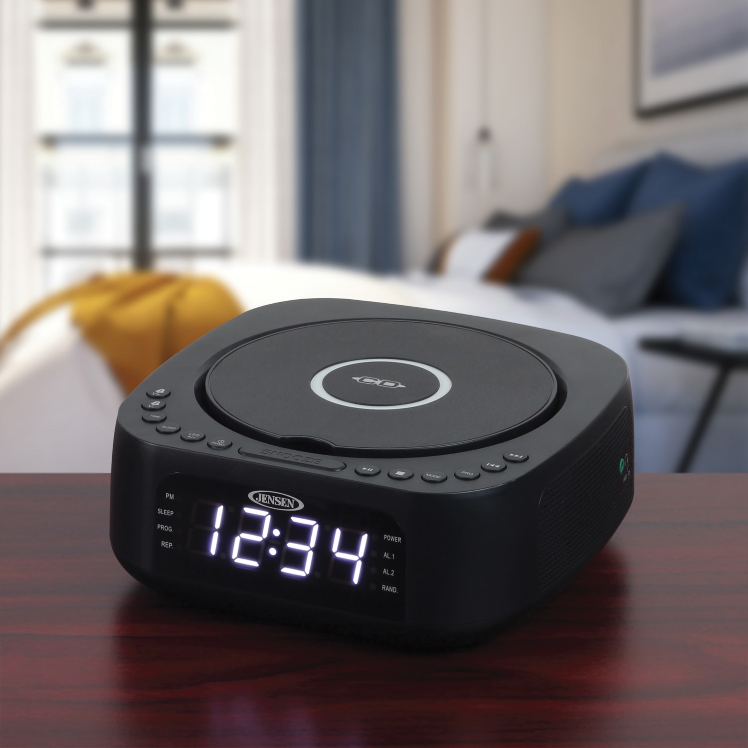 JENSEN Stereo Digital Dual-Alarm Clock With Top-Loading CD Player, FM Tuner, USB Charging Port And Battery Backup, 2.38inH x 7.32inW x 7.32inD, Black - Image 5