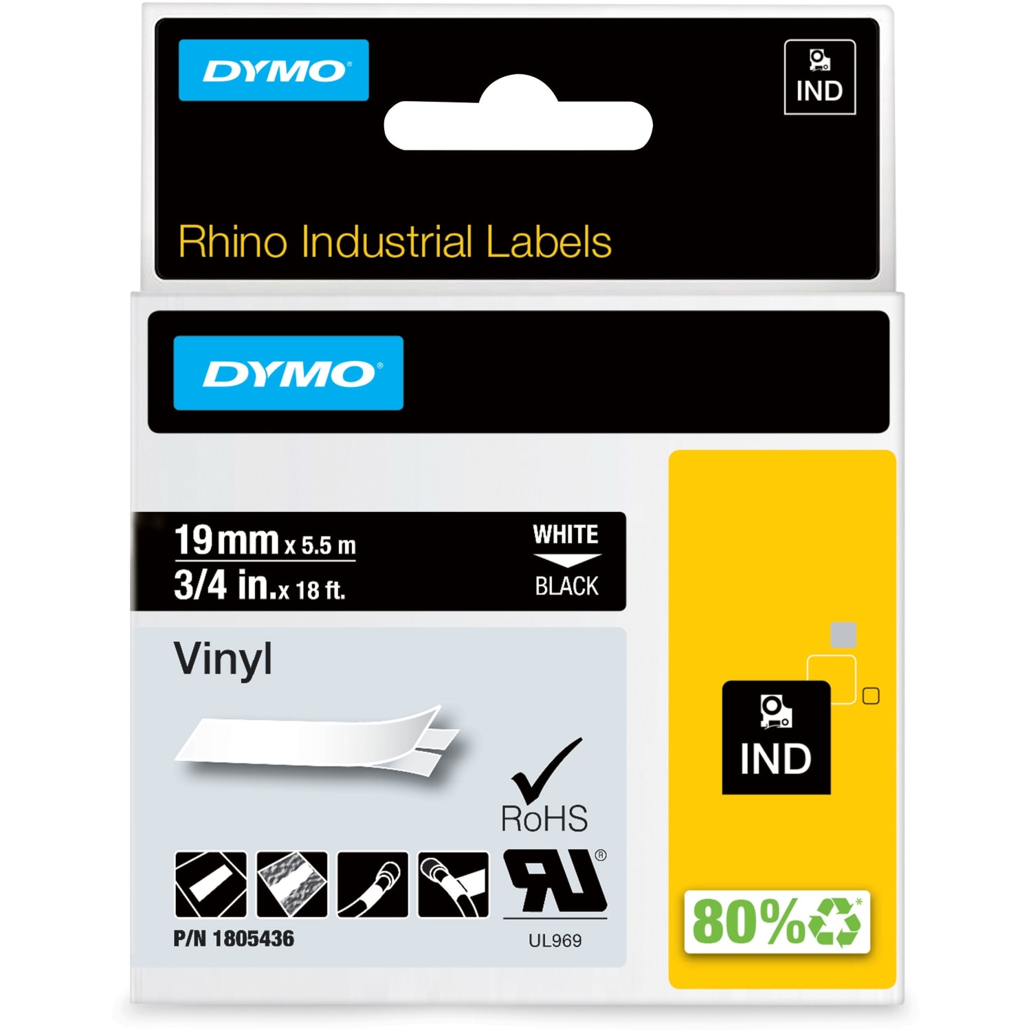 DYMO Vinyl Label Tape, DYM1805436, Permanent Adhesive, 3/4inW x 18L, Thermal Transfer, Black/White - Image 4