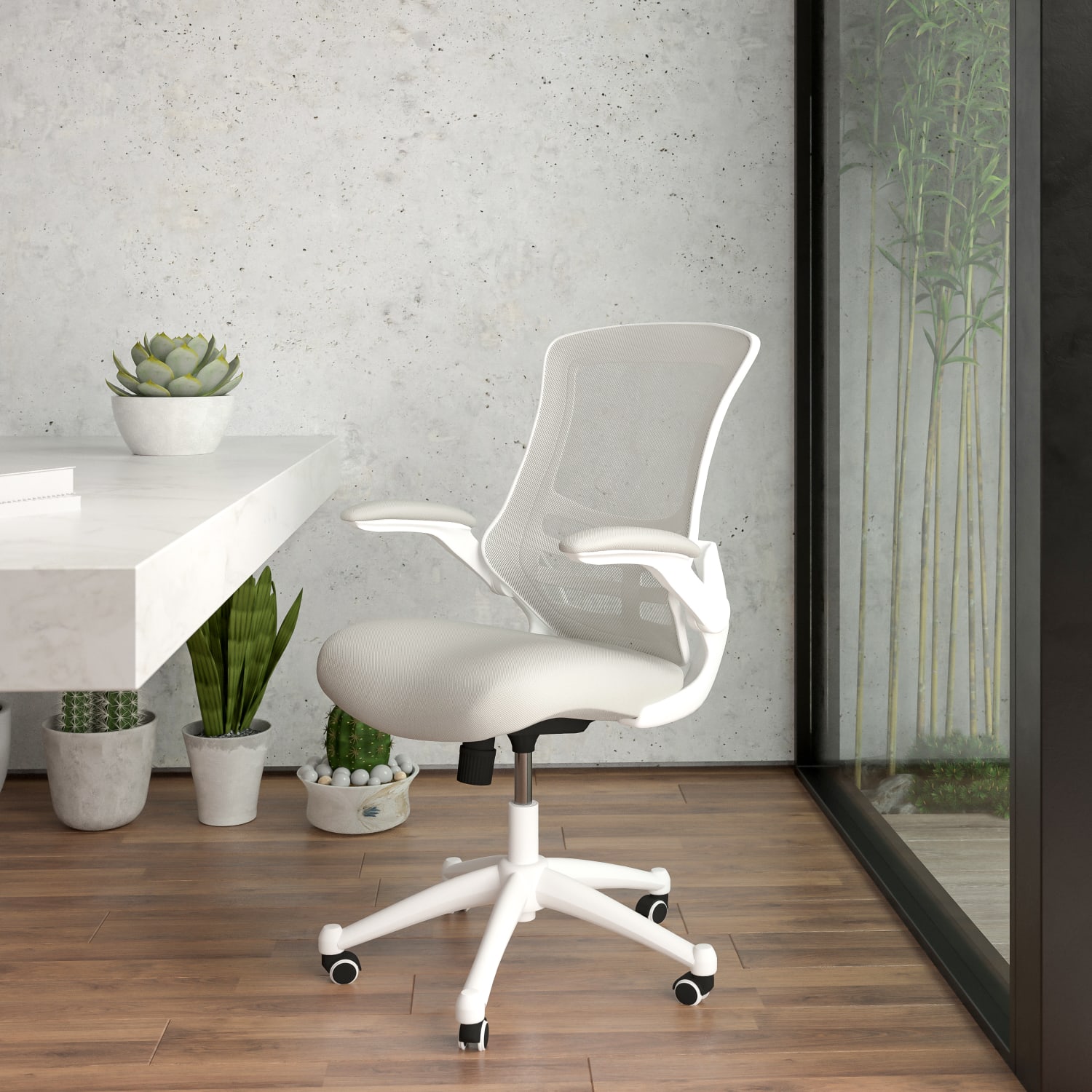 Flash Furniture Mesh Mid-Back Swivel Task Chair With Flip-Up Arms, Light Gray/White - Image 3