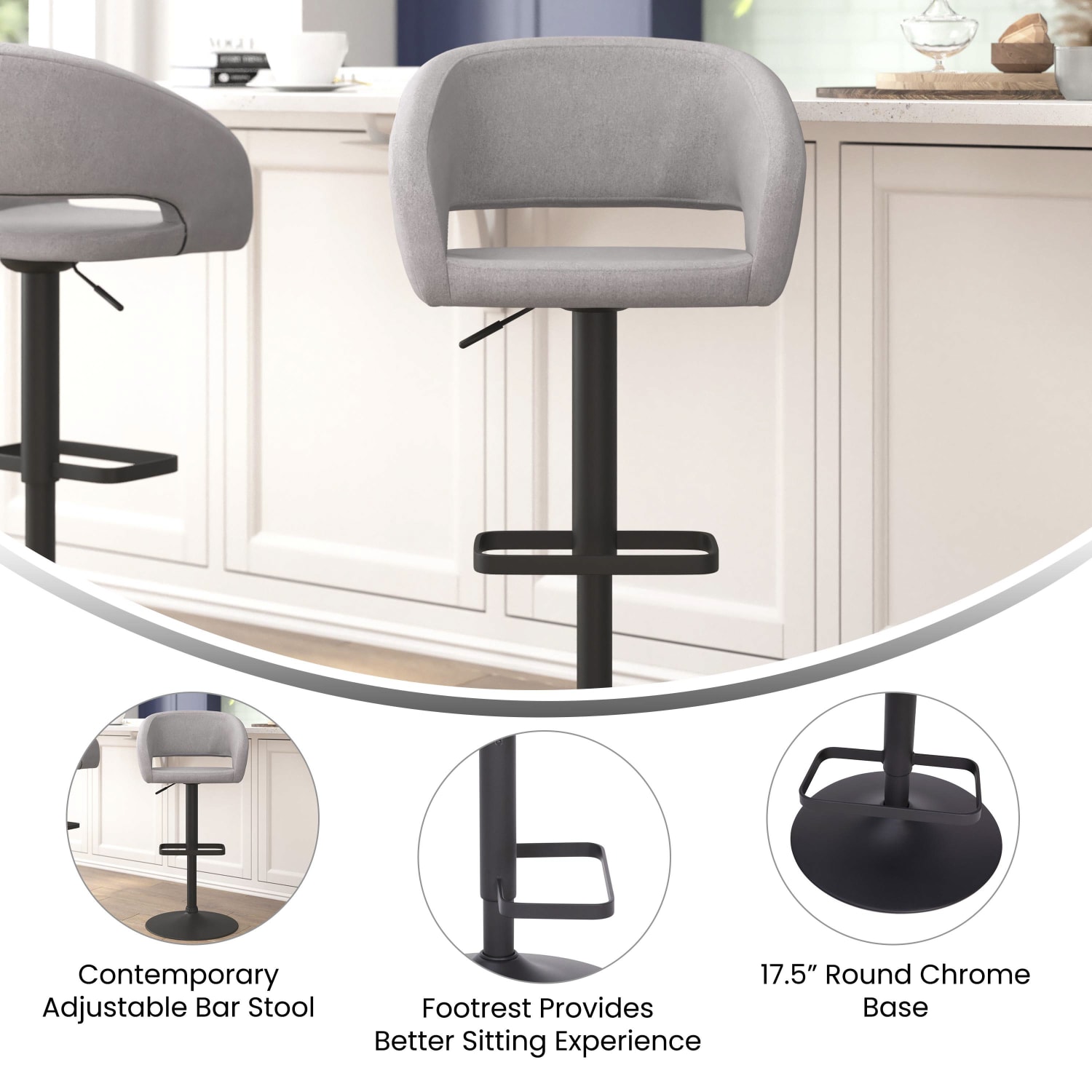 Flash Furniture Contemporary Fabric Adjustable Height Bar Stool With Rounded MidBack GrayBlack PopularChairscom Flash Furniture Contemporary Fabric Adjustable Height Bar Stool With Rounded Mid Back GrayBlack PopularChairscom