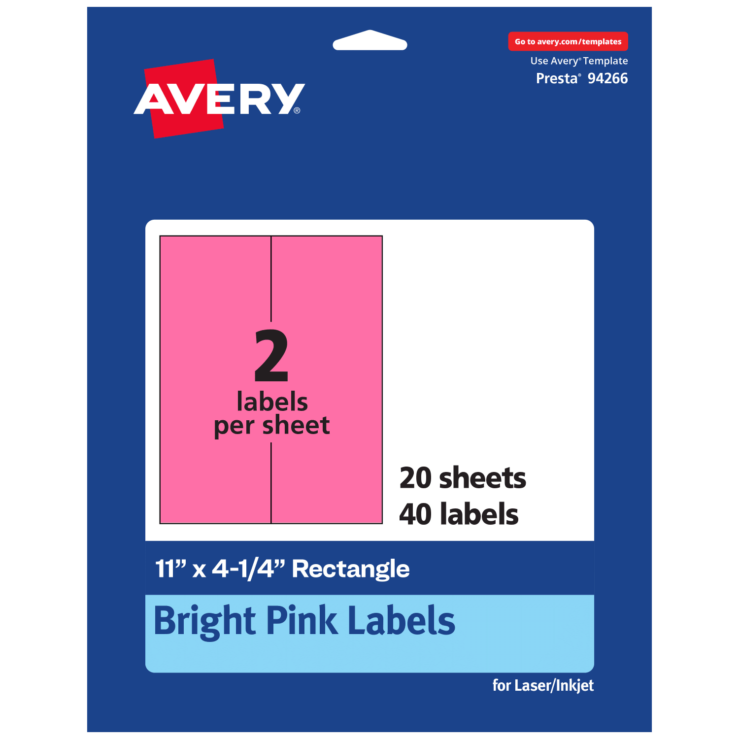 Avery Printable Labels, 94266-BPP20, Rectangle, 11in x 4-1/4in, Matte Bright Pink, Pack of 40