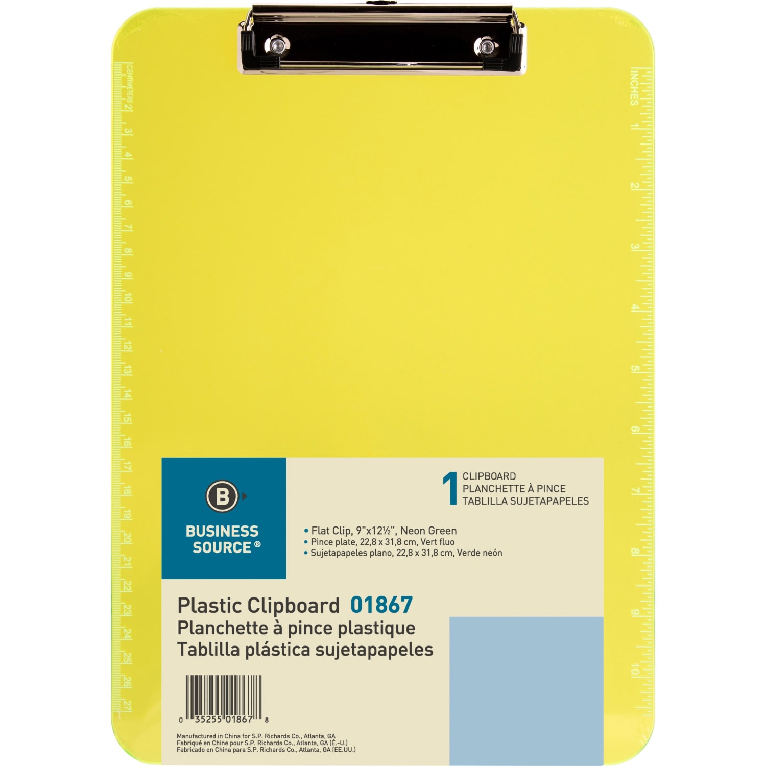 Business Source Flat Clip Plastic Clipboard - 9in x 12in - Plastic - Neon Green - 6 / Bundle - Image 5