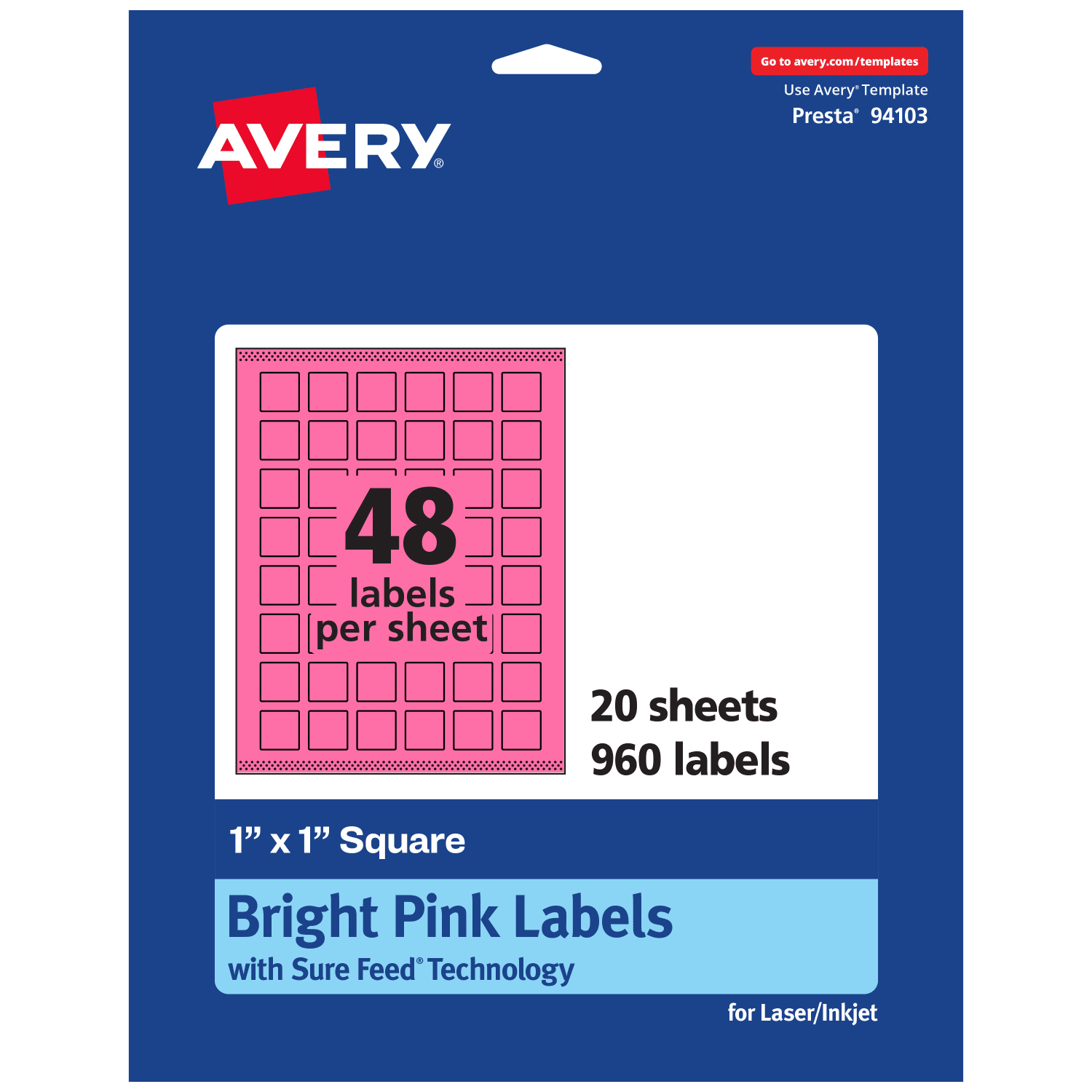 Avery Print-To-The-Edge Labels With Sure Feed Technology And Easy Peel Label Feature, 94103-BPP20, Square, 1in x 1in, Matte Bright Pink, Pack of 960