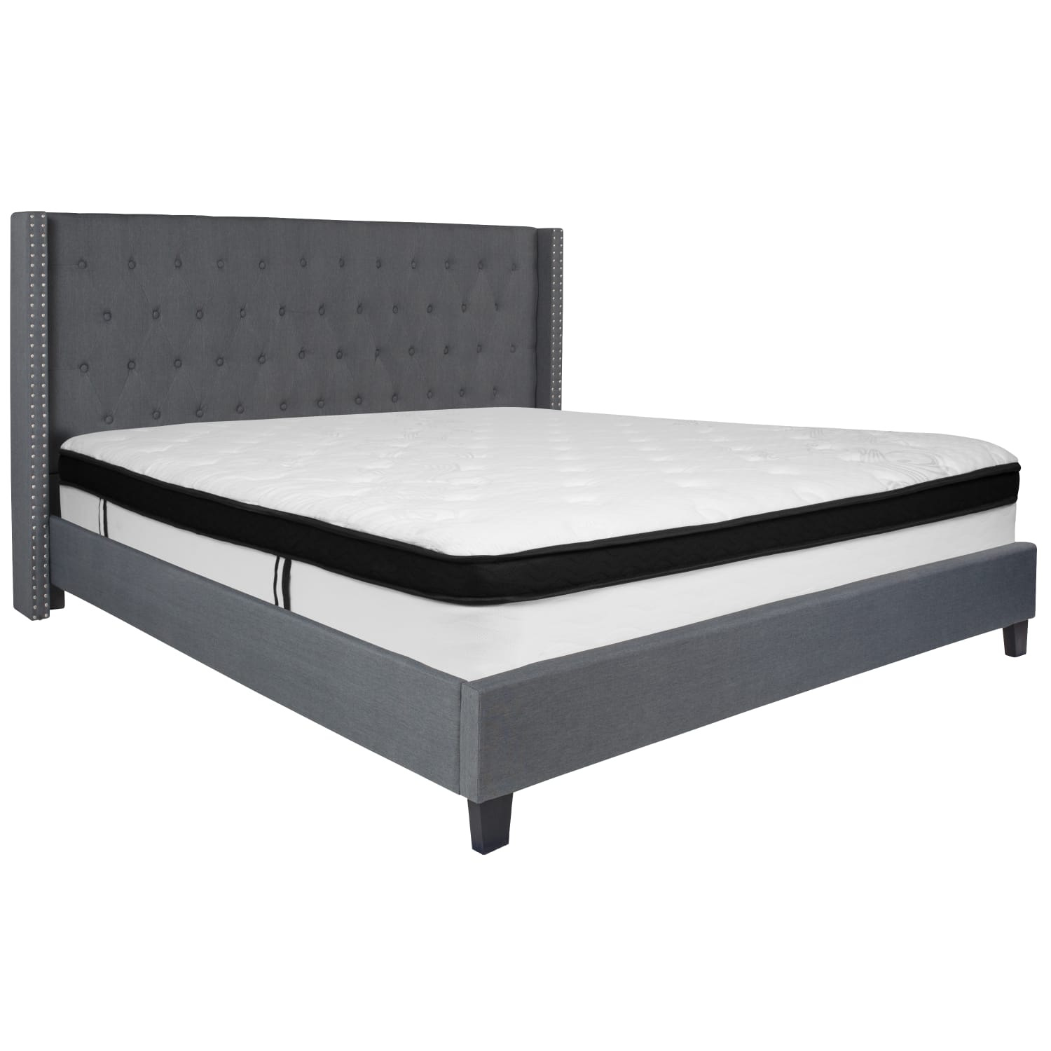 Flash Furniture Riverdale Tufted Upholstered Platform Bed With Accent Nail Trimmed Extended Sides And Memory Foam Pocket Spring Mattress, King, Dark Gray - Image 3