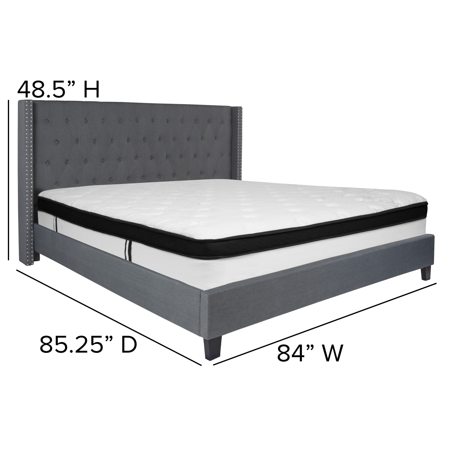 Flash Furniture Riverdale Tufted Upholstered Platform Bed With Accent Nail Trimmed Extended Sides And Memory Foam Pocket Spring Mattress, King, Dark Gray - Image 5
