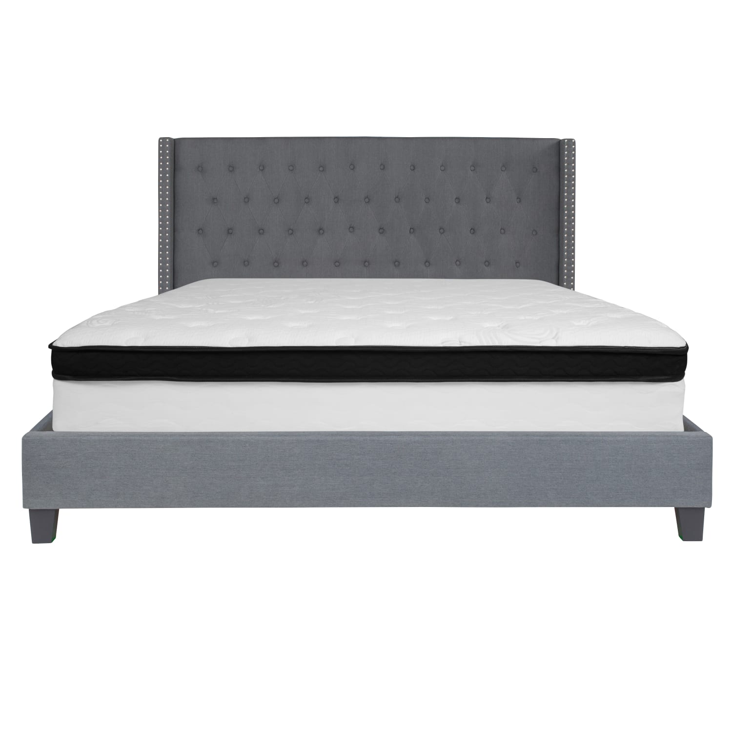 Flash Furniture Riverdale Tufted Upholstered Platform Bed With Accent Nail Trimmed Extended Sides And Memory Foam Pocket Spring Mattress, King, Dark Gray - Image 6
