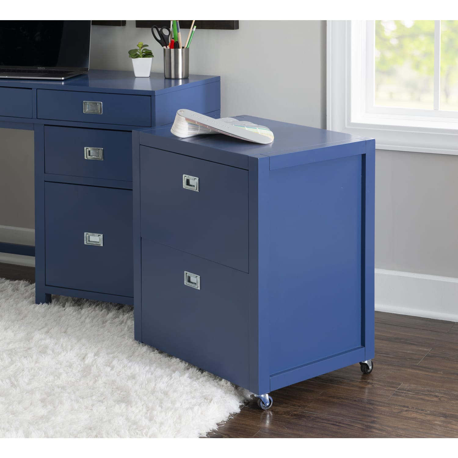 Linon Ari 22inW x 17inD Lateral 2-Drawer Mobile Home Office File Cabinet, Navy/Silver - Image 3