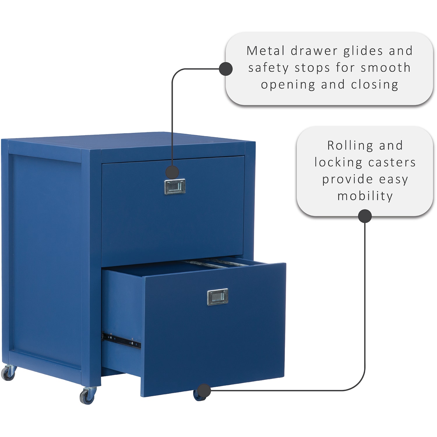 Linon Ari 22inW x 17inD Lateral 2-Drawer Mobile Home Office File Cabinet, Navy/Silver - Image 6