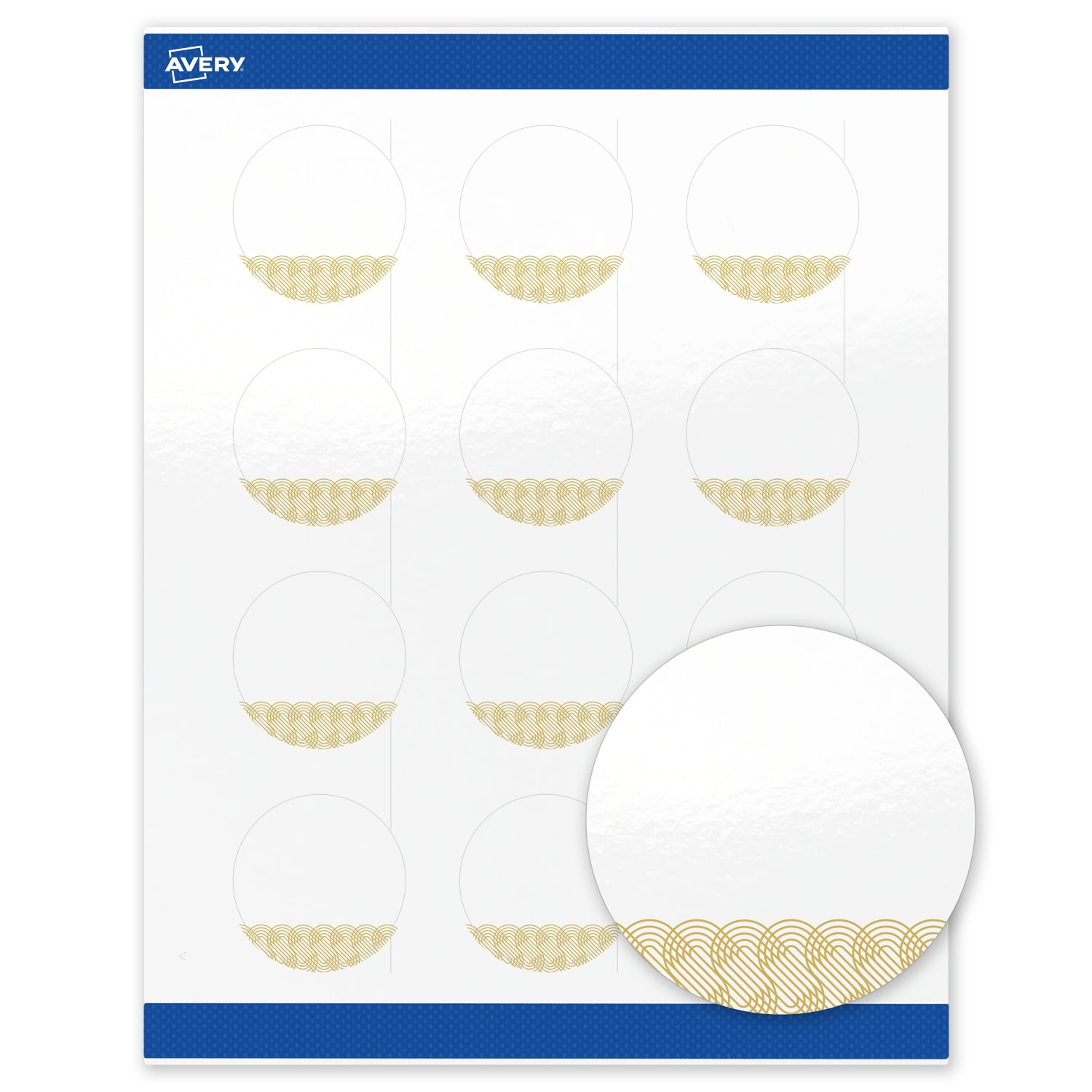 Avery Printable Labels With Sure Feed Technology, S00-EWW, Round, 2in, Glossy White With Preprinted Gold Lace Trim Pattern, Pack Of 120 - Image 3