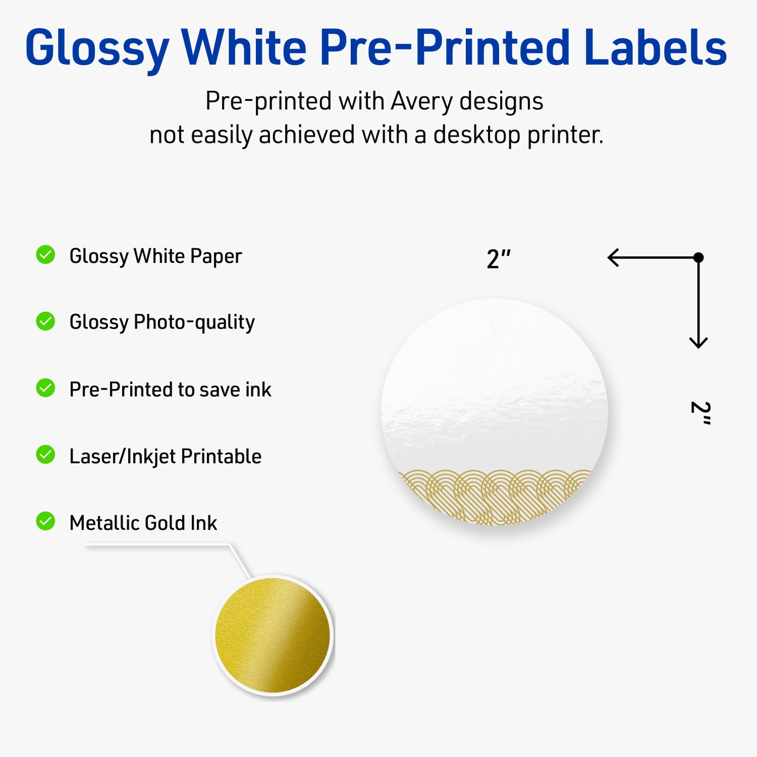 Avery Printable Labels With Sure Feed Technology, S00-EWW, Round, 2in, Glossy White With Preprinted Gold Lace Trim Pattern, Pack Of 120 - Image 4