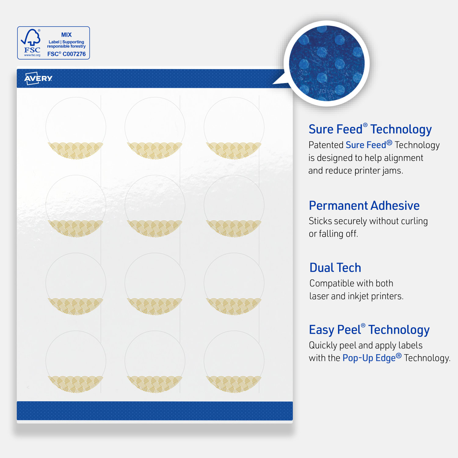 Avery Printable Labels With Sure Feed Technology, S00-EWW, Round, 2in, Glossy White With Preprinted Gold Lace Trim Pattern, Pack Of 120 - Image 5