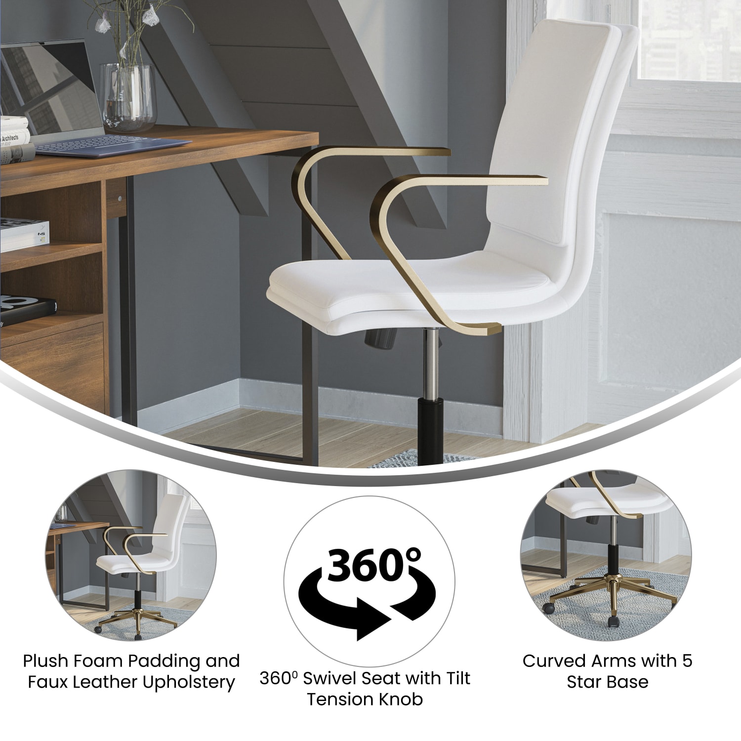 Flash Furniture James Faux Leather Mid Back Designer Executive Upholstered Office Chair WhiteGold PopularChairscom