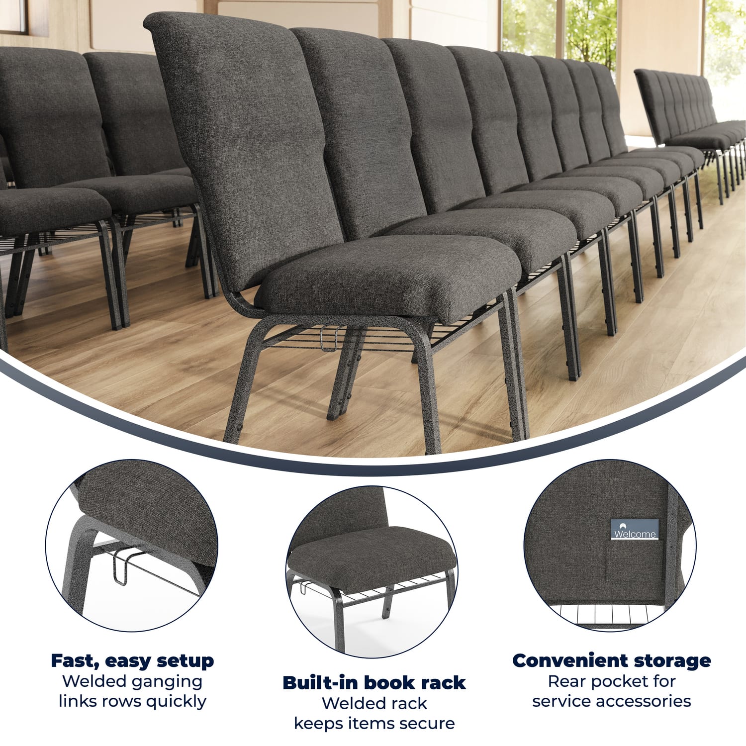 Flash Furniture Advantage Discount Church Chair, Charcoal Gray/Silver Vein - Image 4